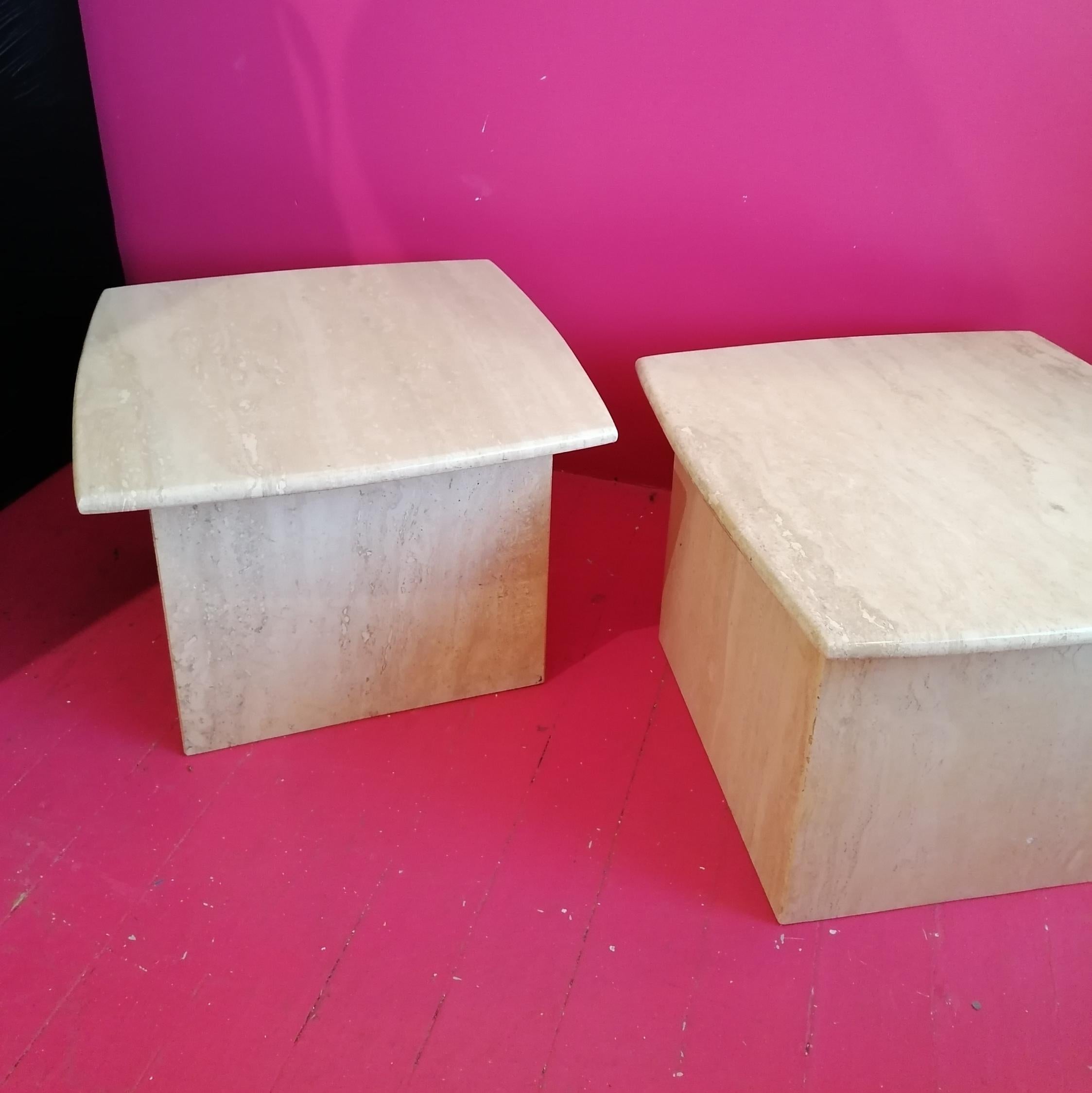 Late 20th Century Post modern polished travertine side or end tables, USA 1980s, two available For Sale