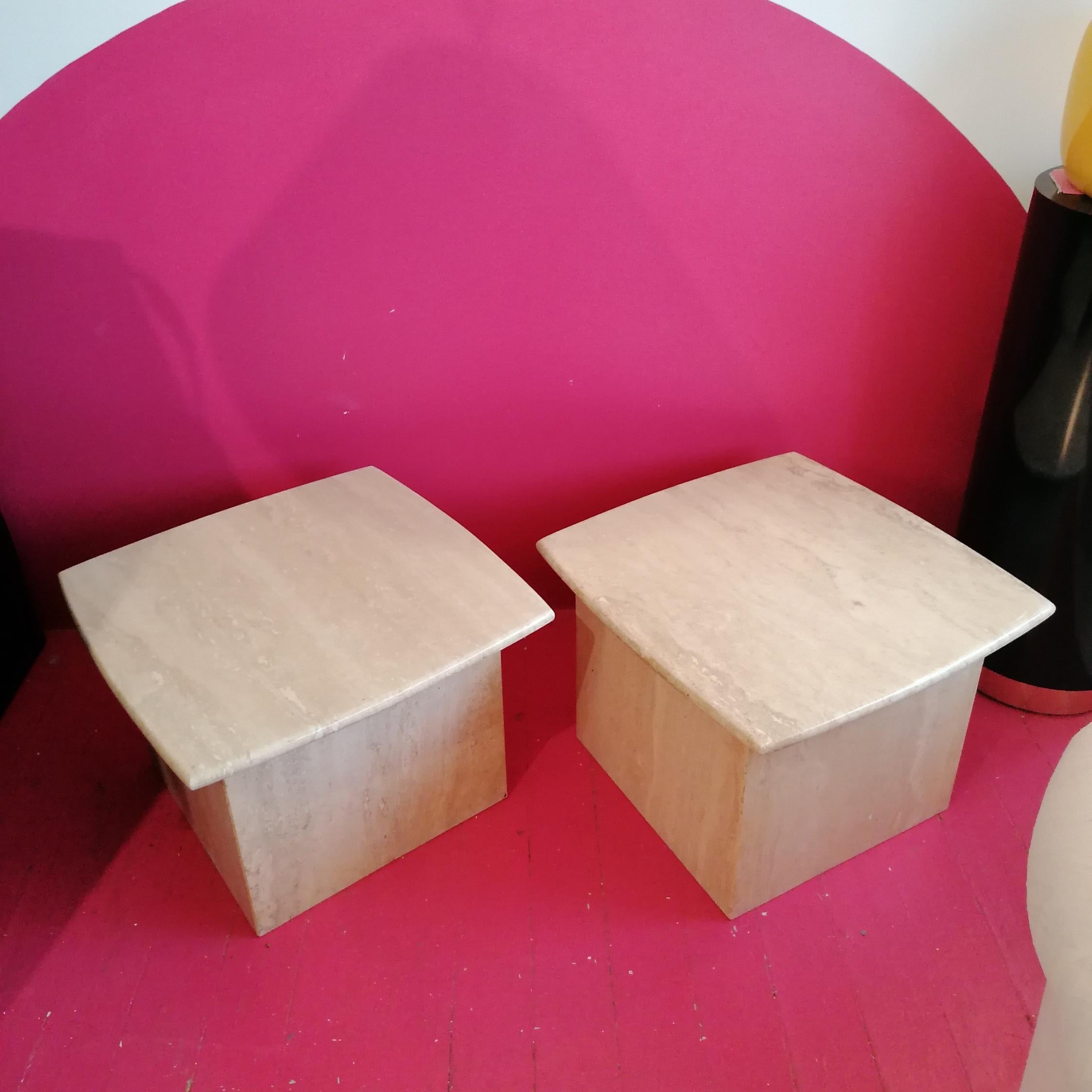 Travertine Post modern polished travertine side or end tables, USA 1980s, two available For Sale