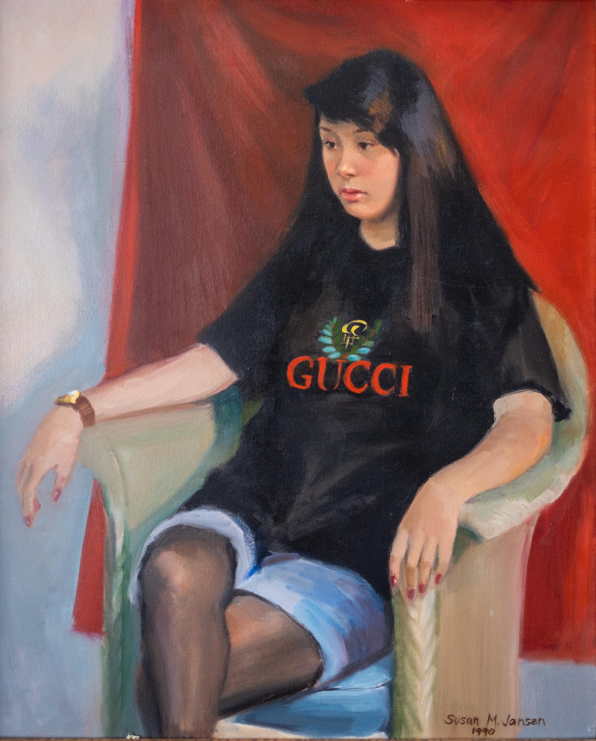 Post-Modern Postmodern Portrait of a Girl Wearing a Gucci T-Shirt, 1990