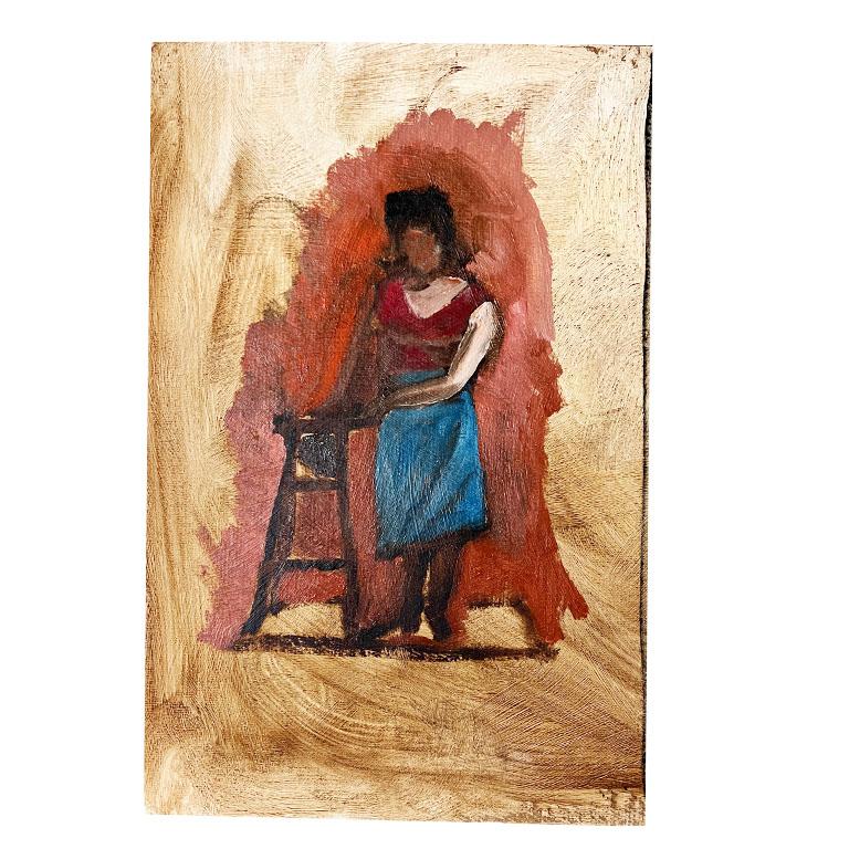 Post Modern Portrait Painting of a Woman in Blue Skirt - Clair Seglem In Good Condition For Sale In Oklahoma City, OK