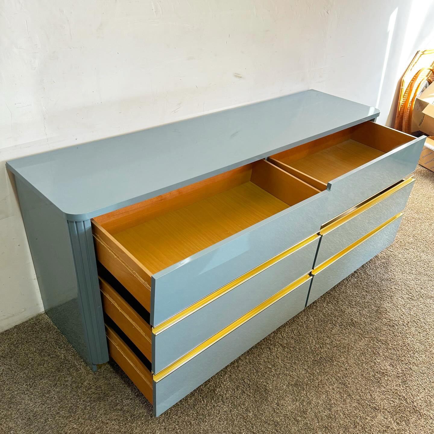 Italian Postmodern Baby Blue Lacquered Dresser With Gold Accent For Sale 4