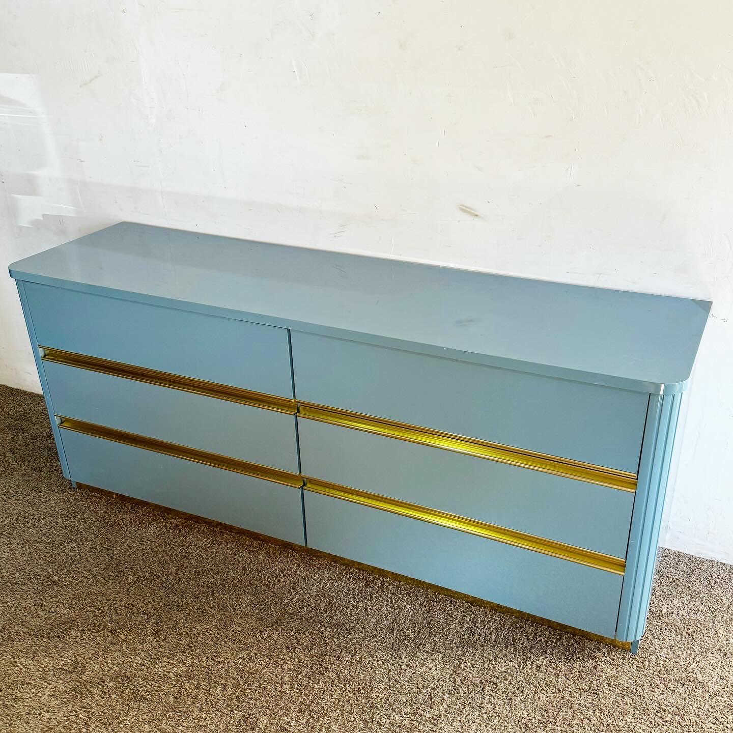 20th Century Italian Postmodern Baby Blue Lacquered Dresser With Gold Accent For Sale