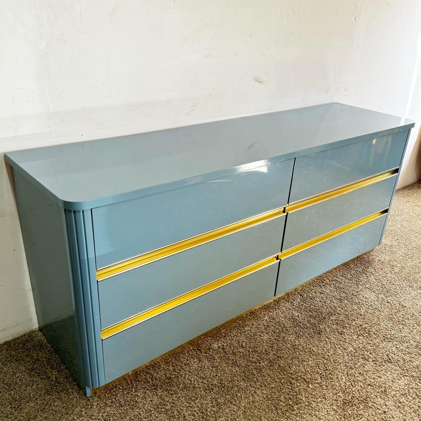 Italian Postmodern Baby Blue Lacquered Dresser With Gold Accent For Sale 1