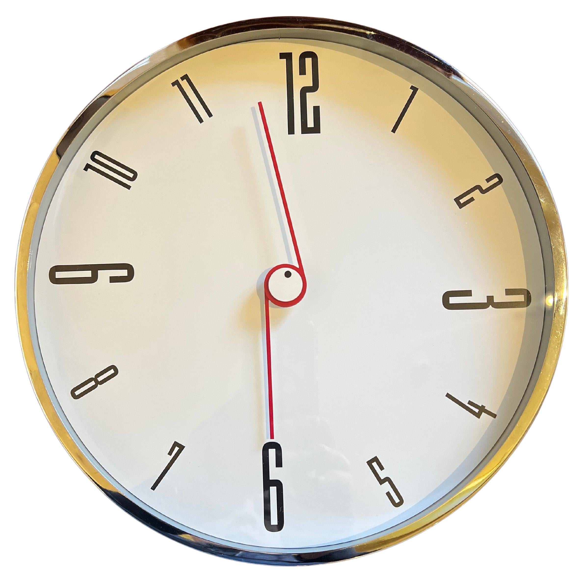 Post Modern Rare Wall Clock Chrome Plated Frame & Glass  For Sale