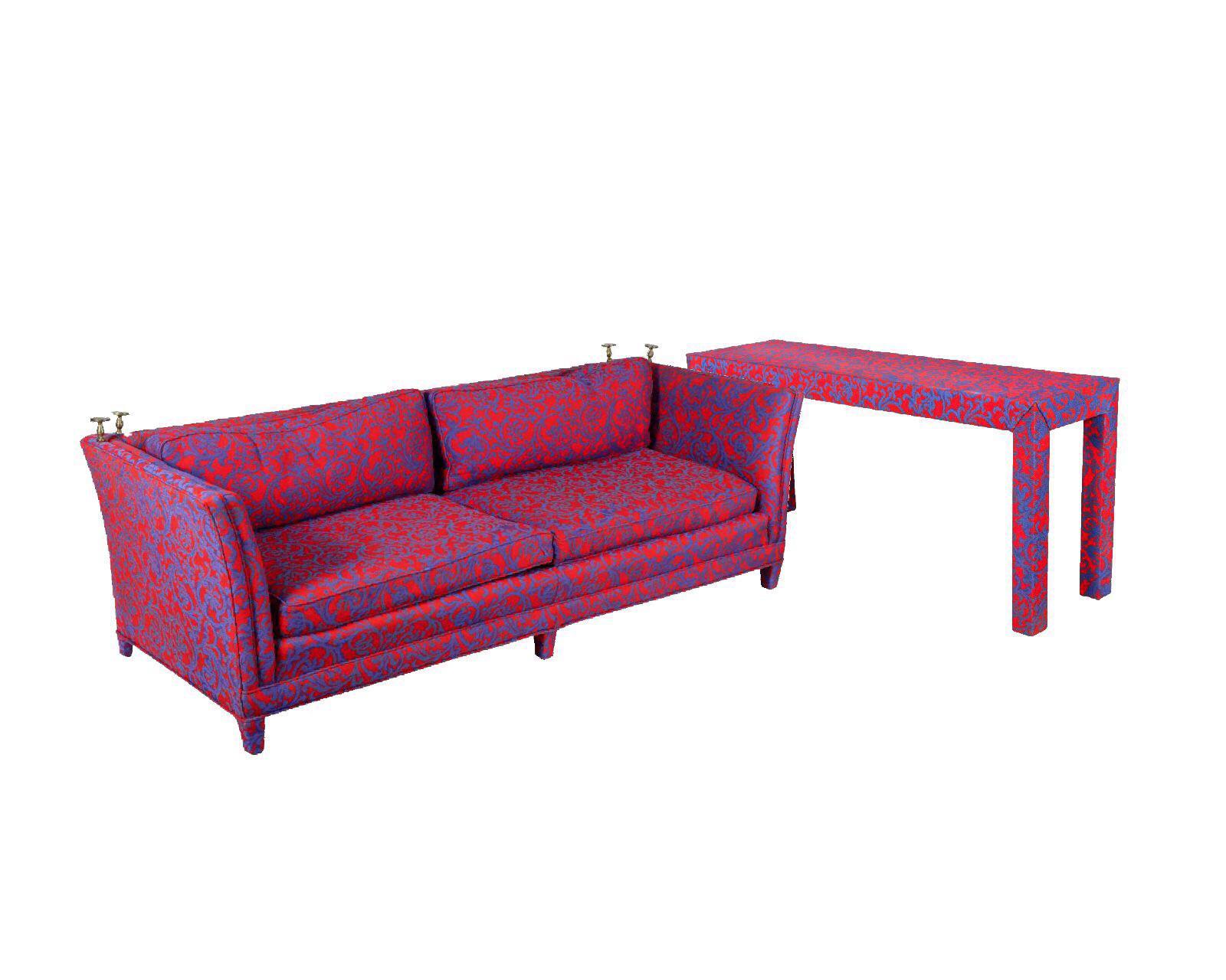 Post-Modern Red and Blue Hollywood Regency Jacobean Coral Knole Sofa  In Good Condition In Brooklyn, NY