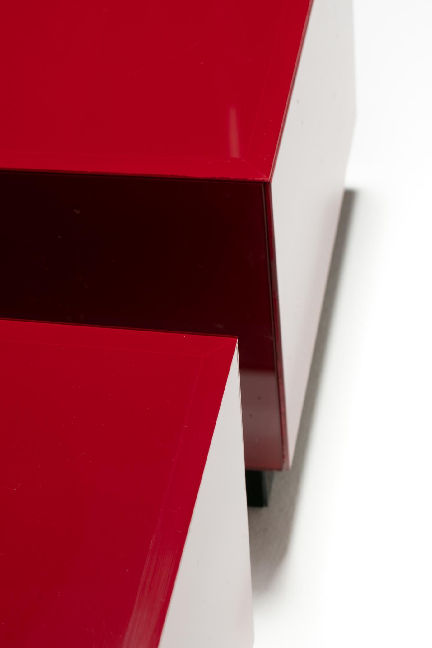 Late 20th Century Post Modern Reverse Painted Red and Black Glass Cube End Tables c. 1980 For Sale