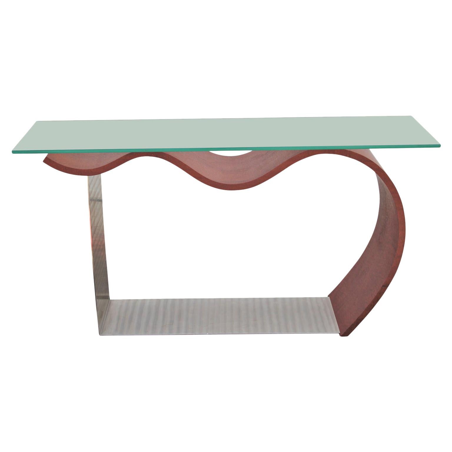 Post Modern Richard Judd Glass and Wood Wavy Contemporary Console Table 