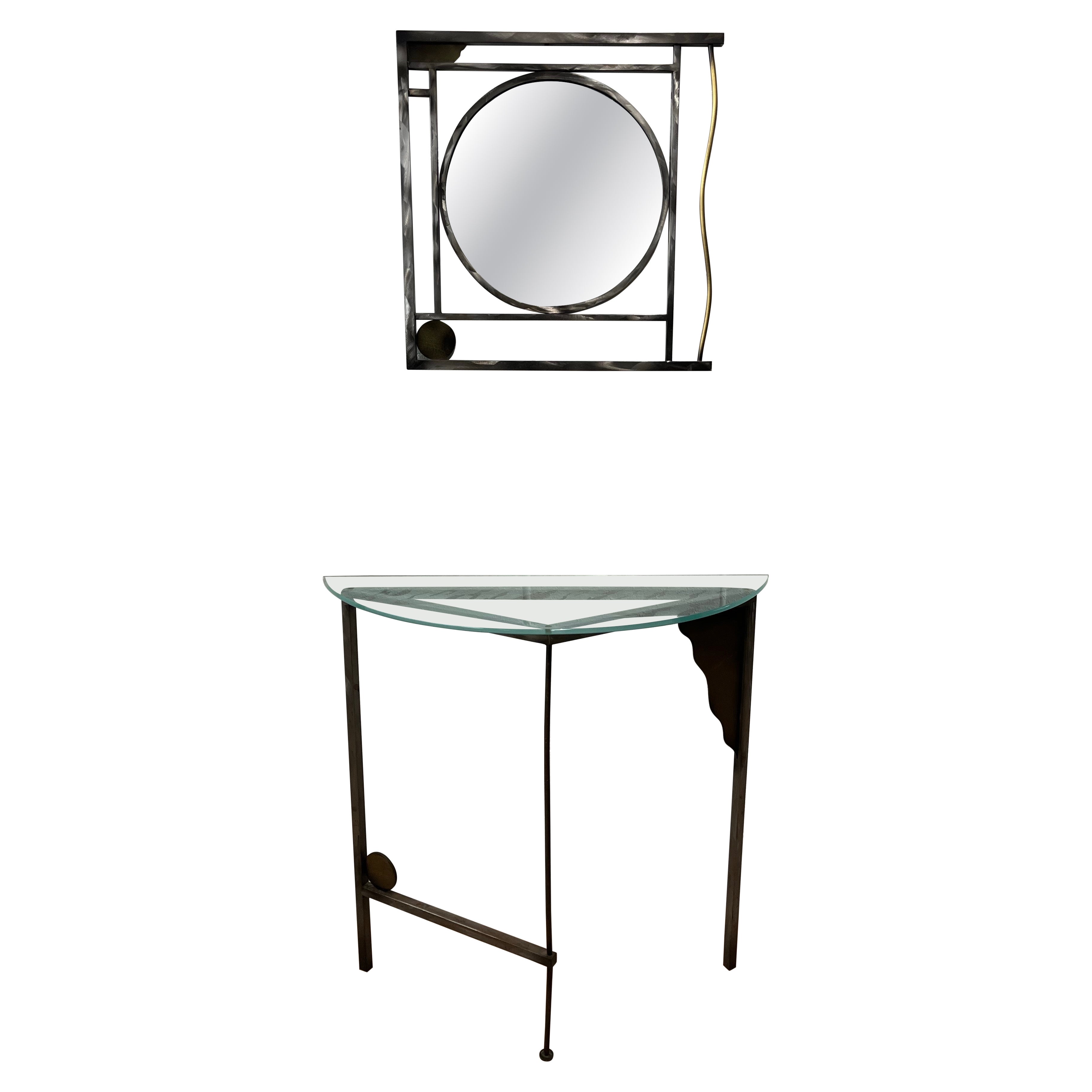 Post Modern Robert Sonneman Demi-Lune Console and Mirror Entry Table For Sale