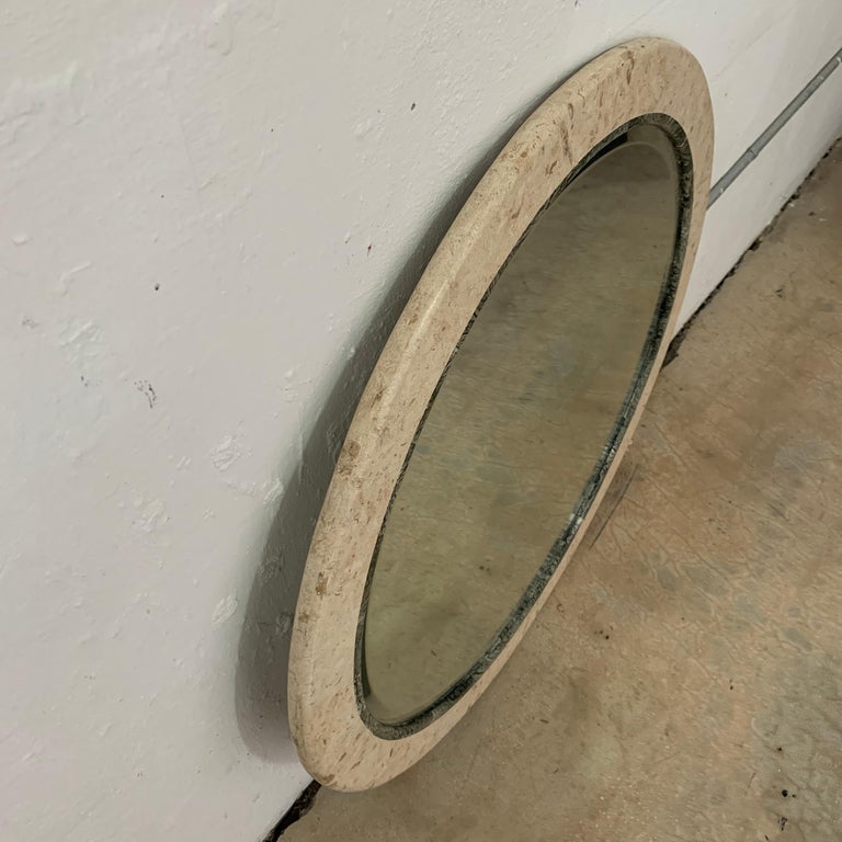 Post-Modern Postmodern Round Maitland Smith Two-Tone Marble and Travertine Beveled Mirror For Sale