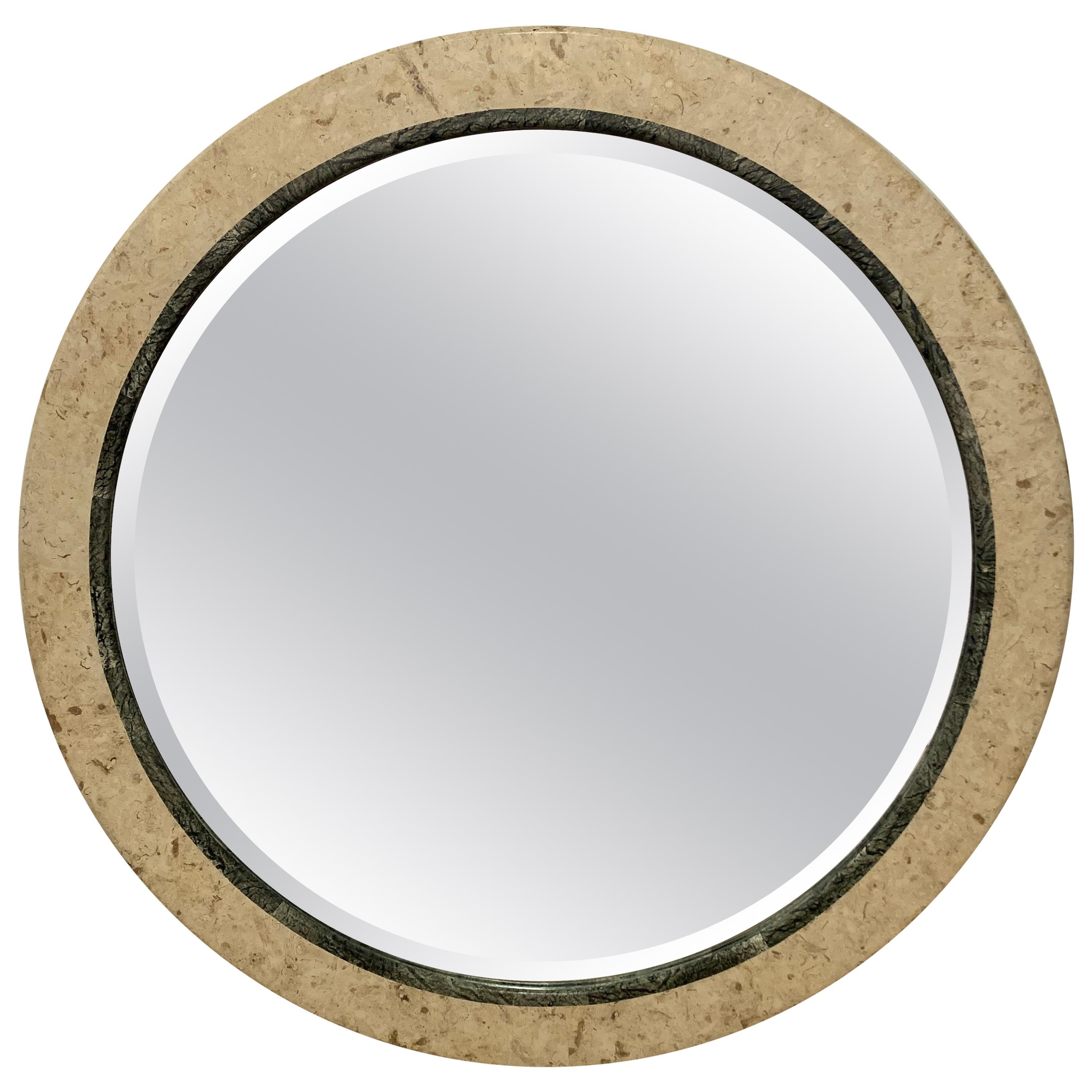 Postmodern Round Maitland Smith Two-Tone Marble and Travertine Beveled Mirror
