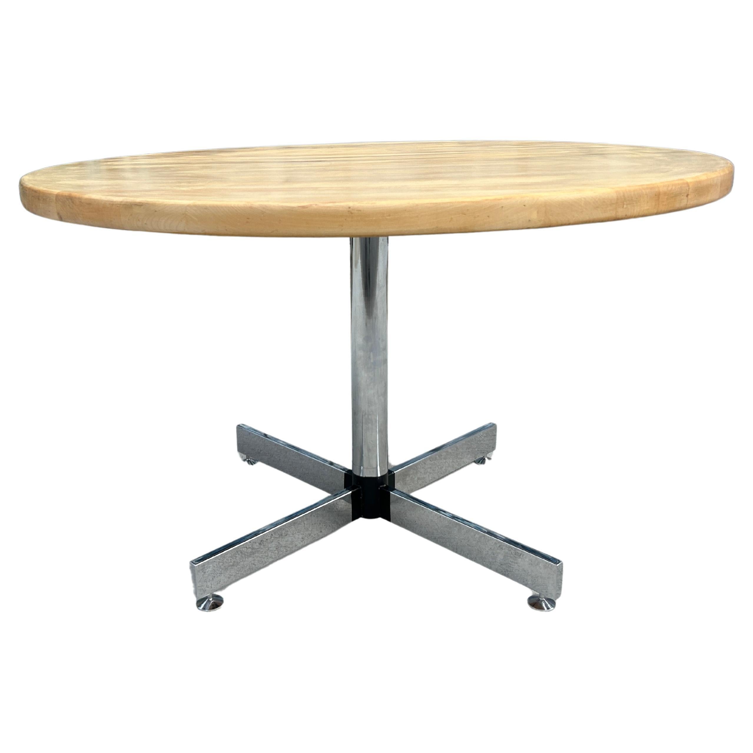 Post modern round maple butcher block dining table on chrome base