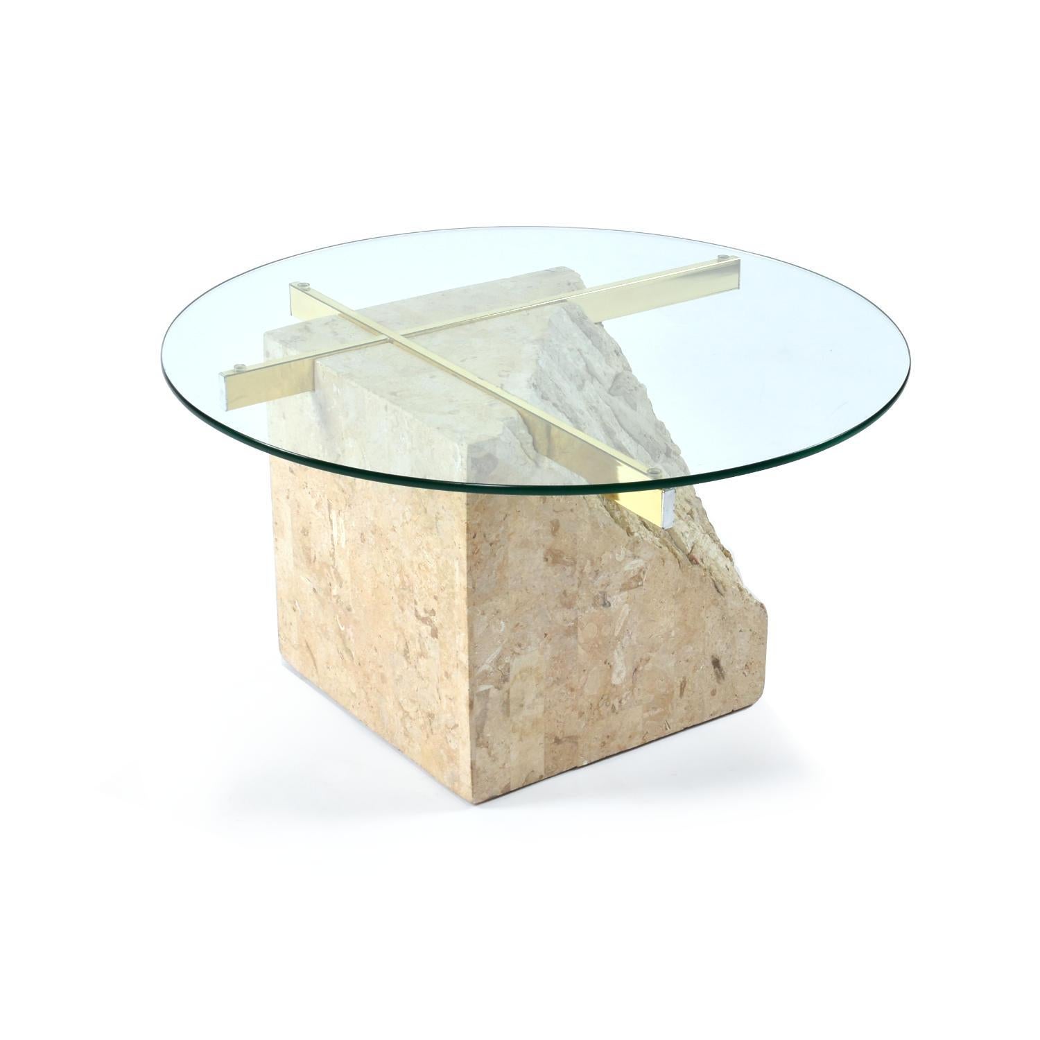 Philippine Post-Modern Round Tessellated Stone Side Table With Gold Brass Supports For Sale