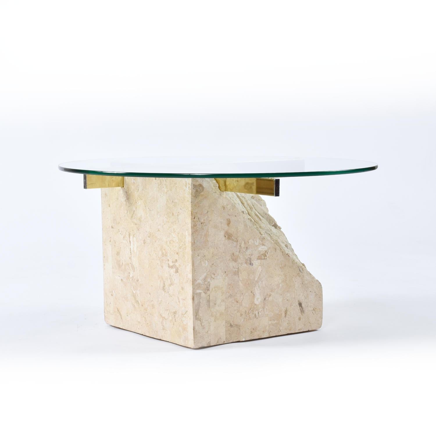 Late 20th Century Post-Modern Round Tessellated Stone Side Table With Gold Brass Supports For Sale