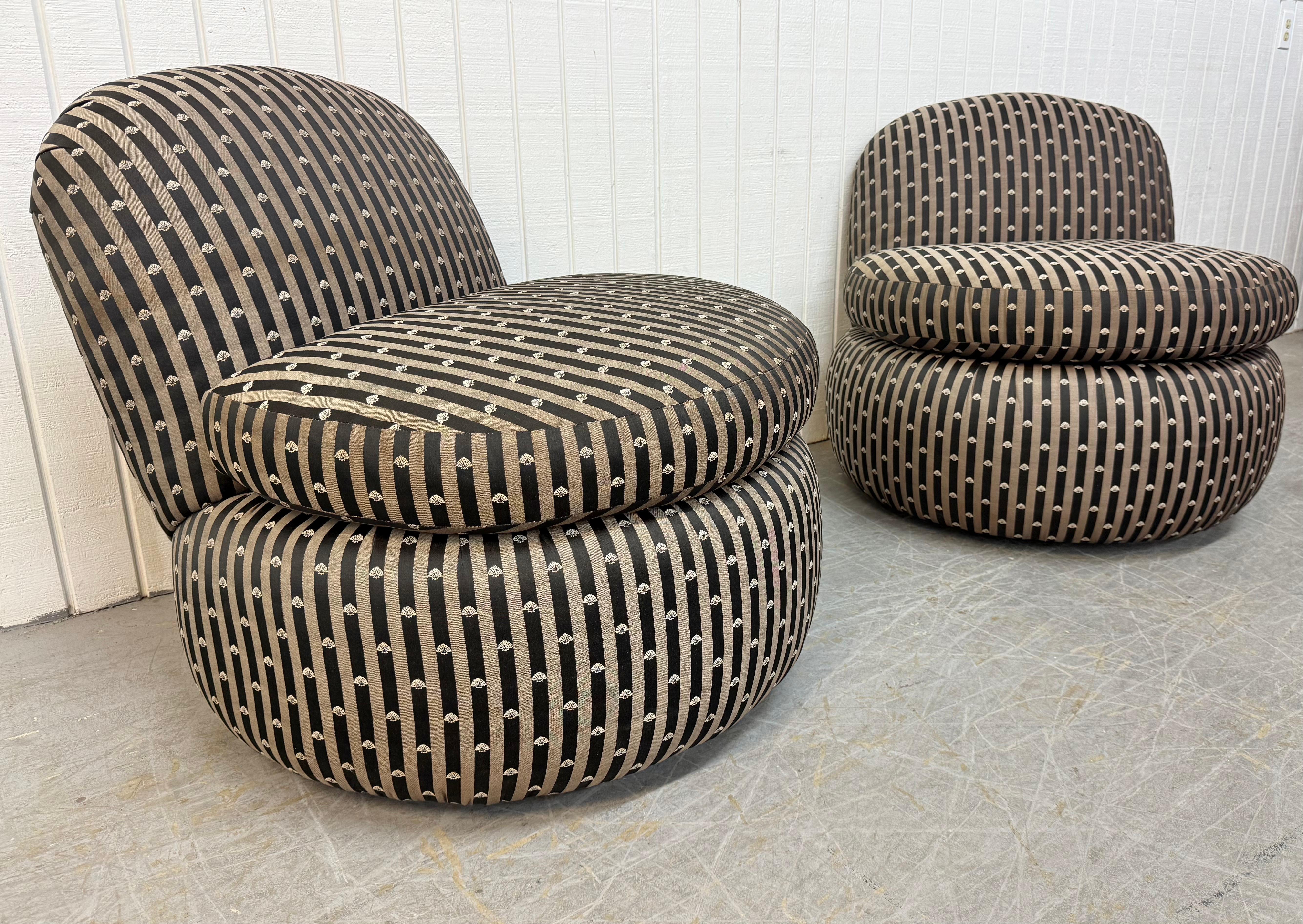 This listing is for a pair of Post Modern Rounded Kagan Style Slipper Chairs. Featuring an armless design, rounded front/back, and original black stripe upholstery. This is an exceptional combination of quality and post-modern design in the style of