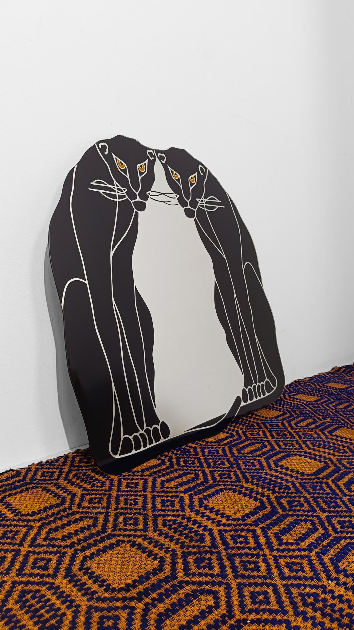 Postmoderner Spiegel mit Siebdruck und einem Paar schwarzer Panther im Art Deco Stil (Italienisch) im Angebot