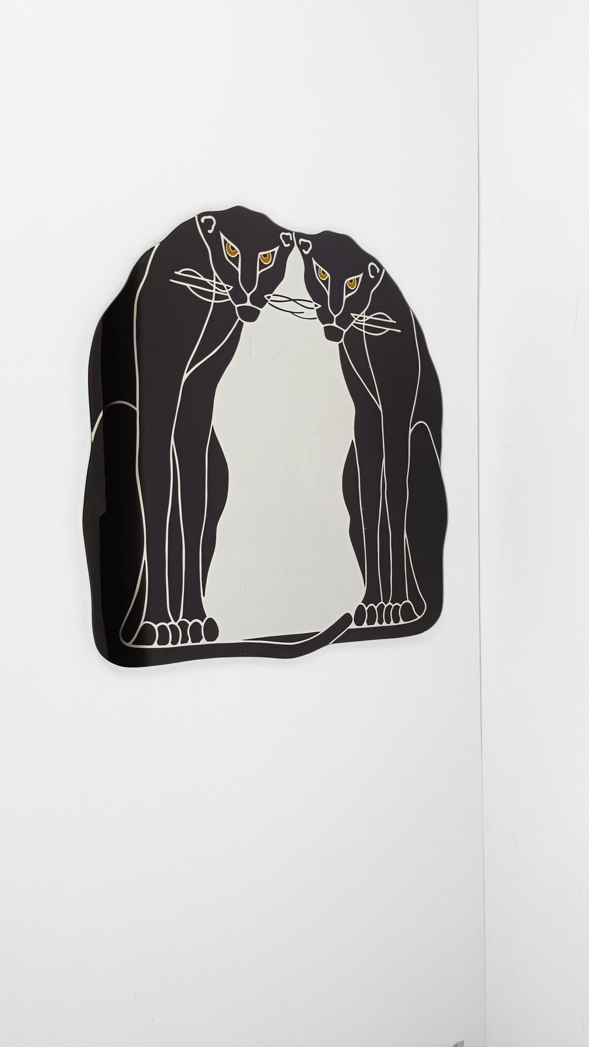 Postmoderner Spiegel mit Siebdruck und einem Paar schwarzer Panther im Art Deco Stil im Angebot 1