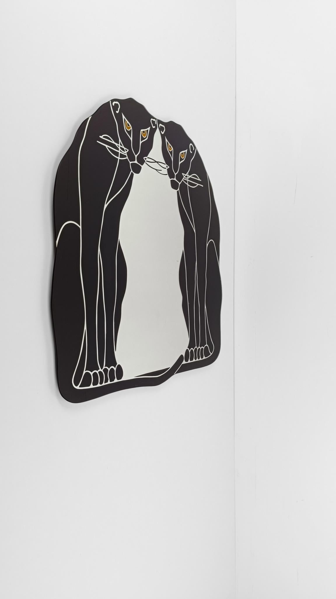 Postmoderner Spiegel mit Siebdruck und einem Paar schwarzer Panther im Art Deco Stil im Angebot 2