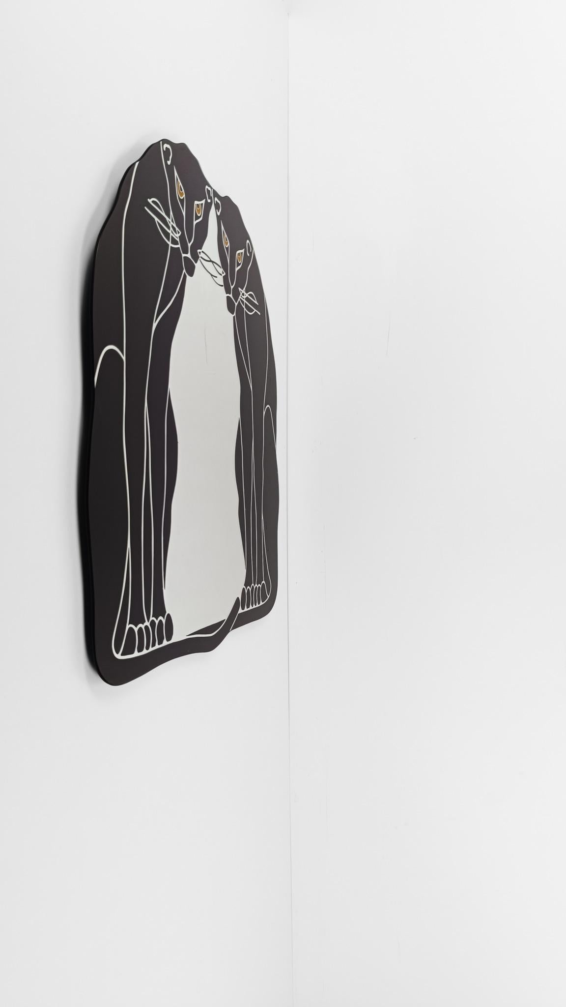 Postmoderner Spiegel mit Siebdruck und einem Paar schwarzer Panther im Art Deco Stil im Angebot 3