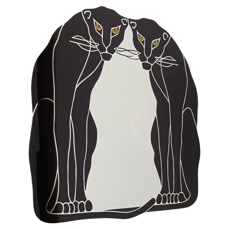 Postmoderner Spiegel mit Siebdruck und einem Paar schwarzer Panther im Art Deco Stil im Angebot