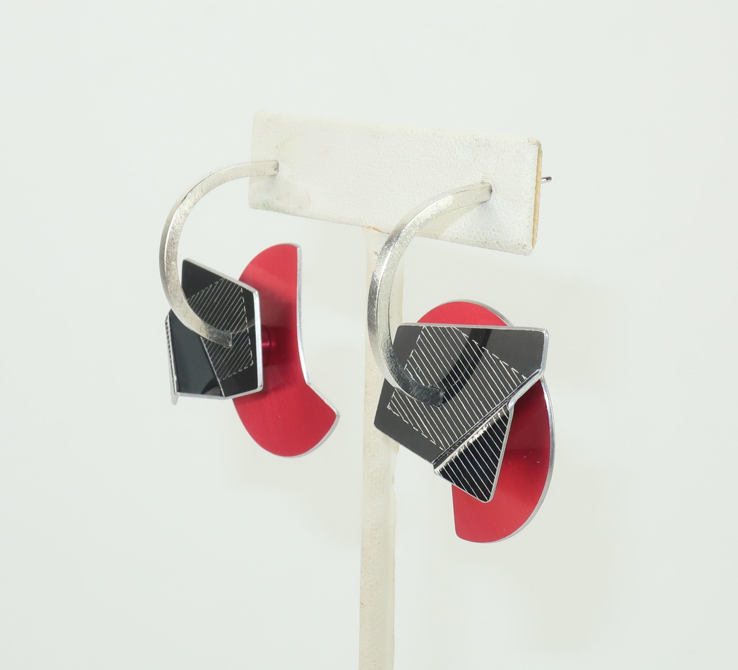 Modernist Post Modern Sculptural Anodized Red & Black Aluminum Earrings, 1980’s