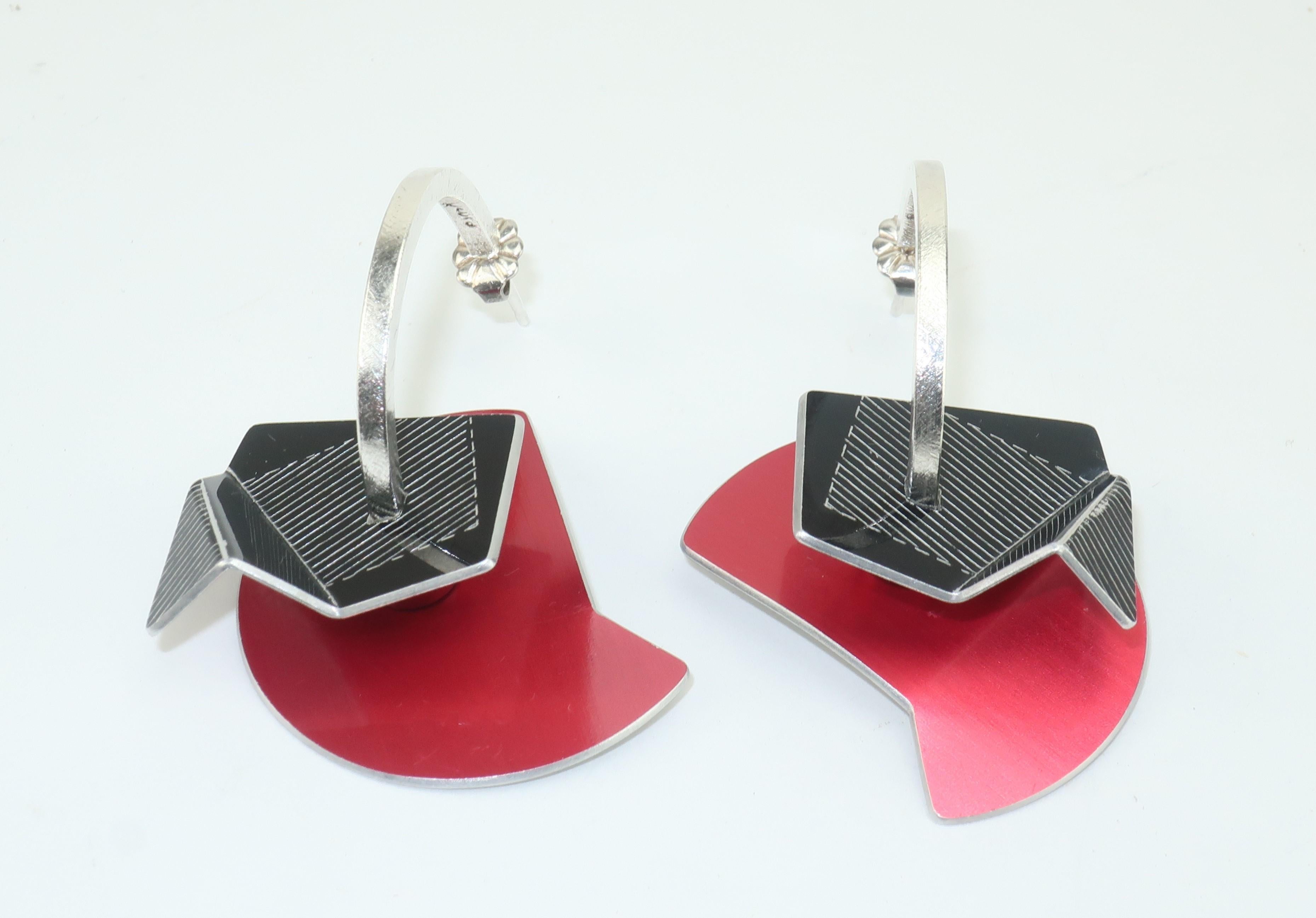 Post Modern Sculptural Anodized Red & Black Aluminum Earrings, 1980’s 1