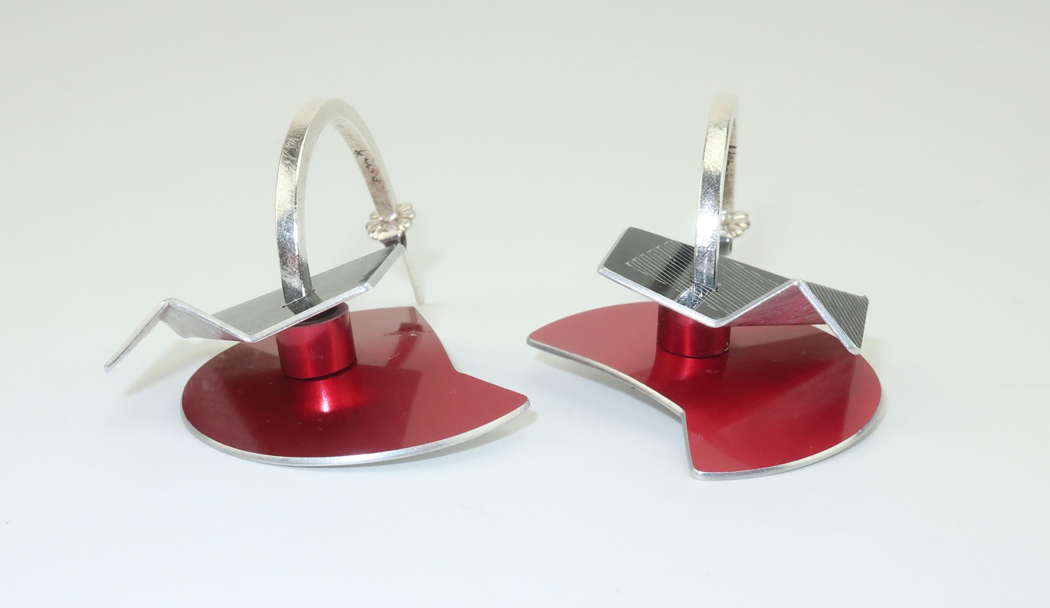 Post Modern Sculptural Anodized Red & Black Aluminum Earrings, 1980’s 2