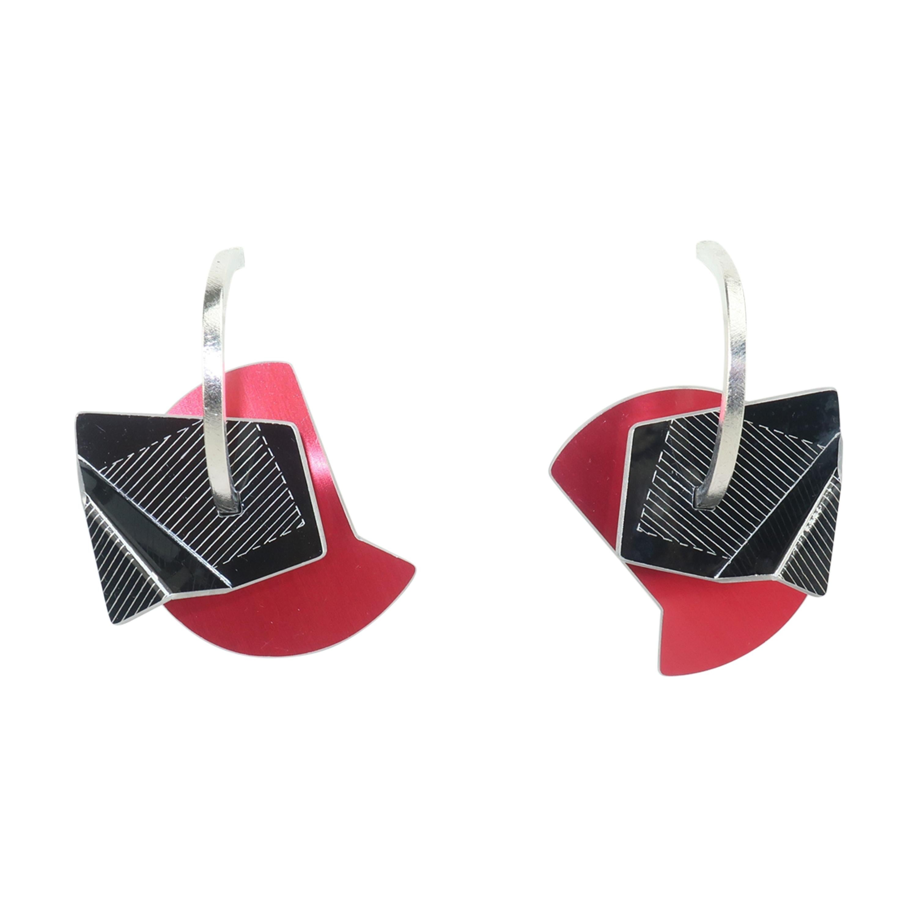 Post Modern Sculptural Anodized Red & Black Aluminum Earrings, 1980’s