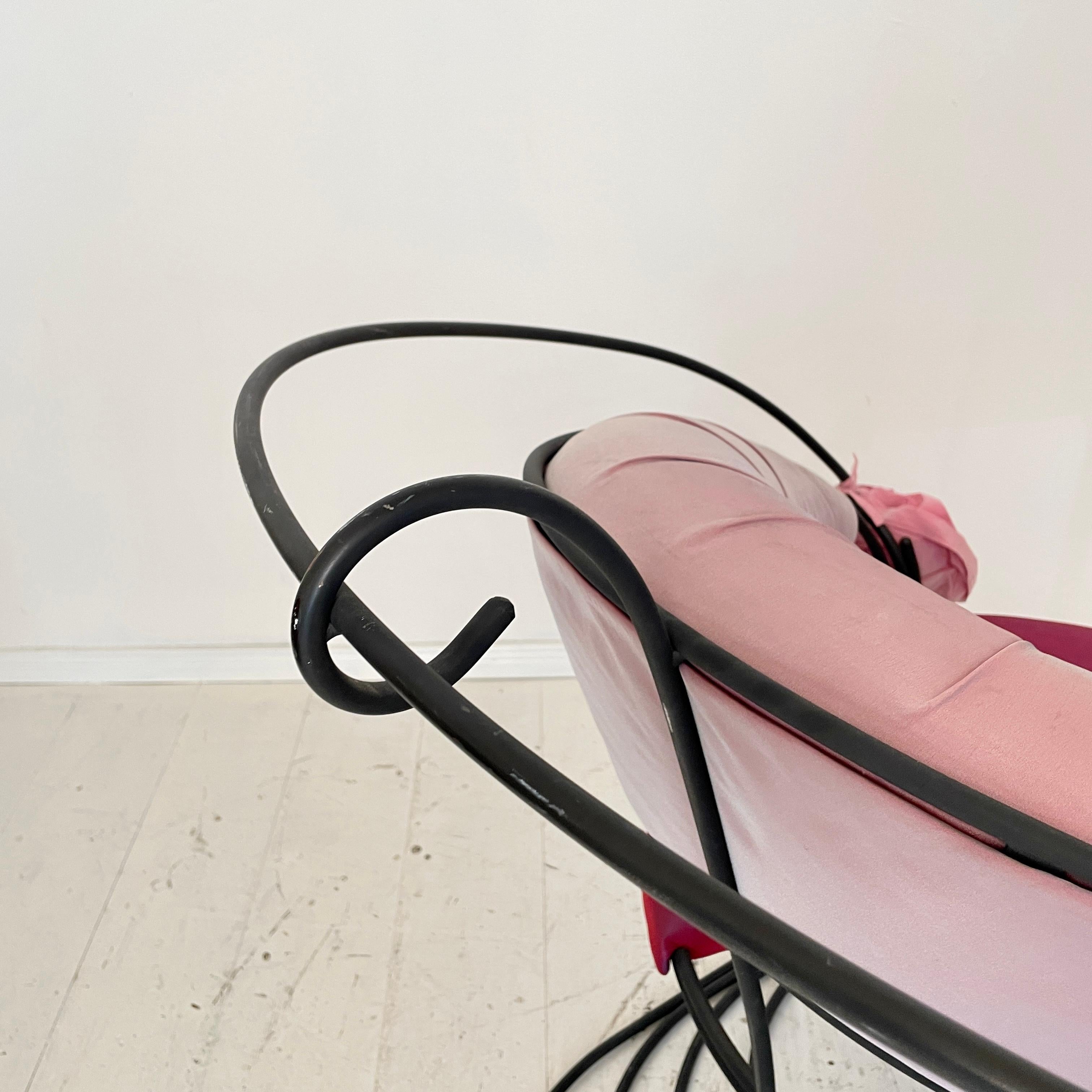 Post-Modern Sculptural Armchair in Black Metal and Pink Red Silk Upholstery For Sale 10