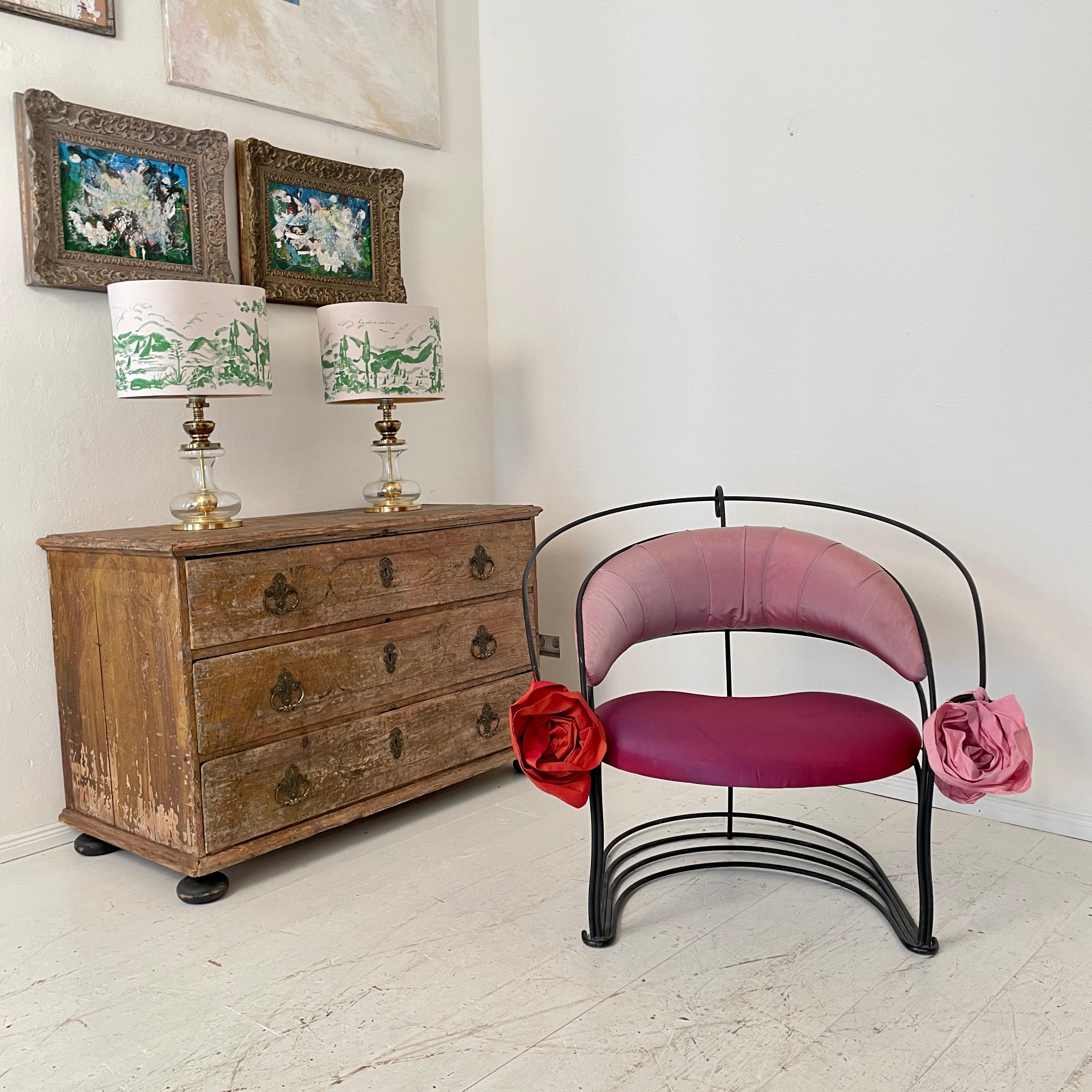 Post-Modern Sculptural Armchair in Black Metal and Pink Red Silk Upholstery For Sale 13