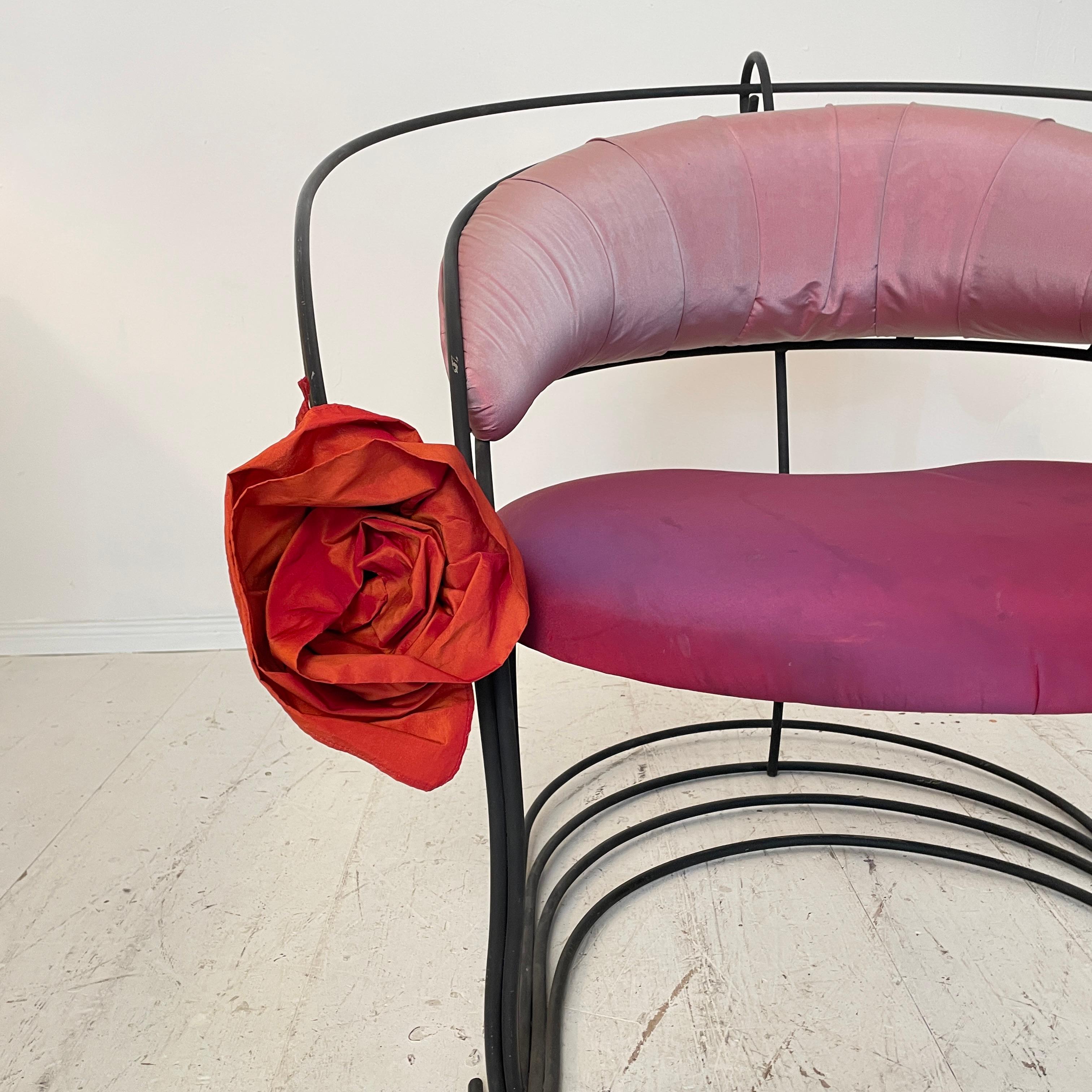 Late 20th Century Post-Modern Sculptural Armchair in Black Metal and Pink Red Silk Upholstery For Sale