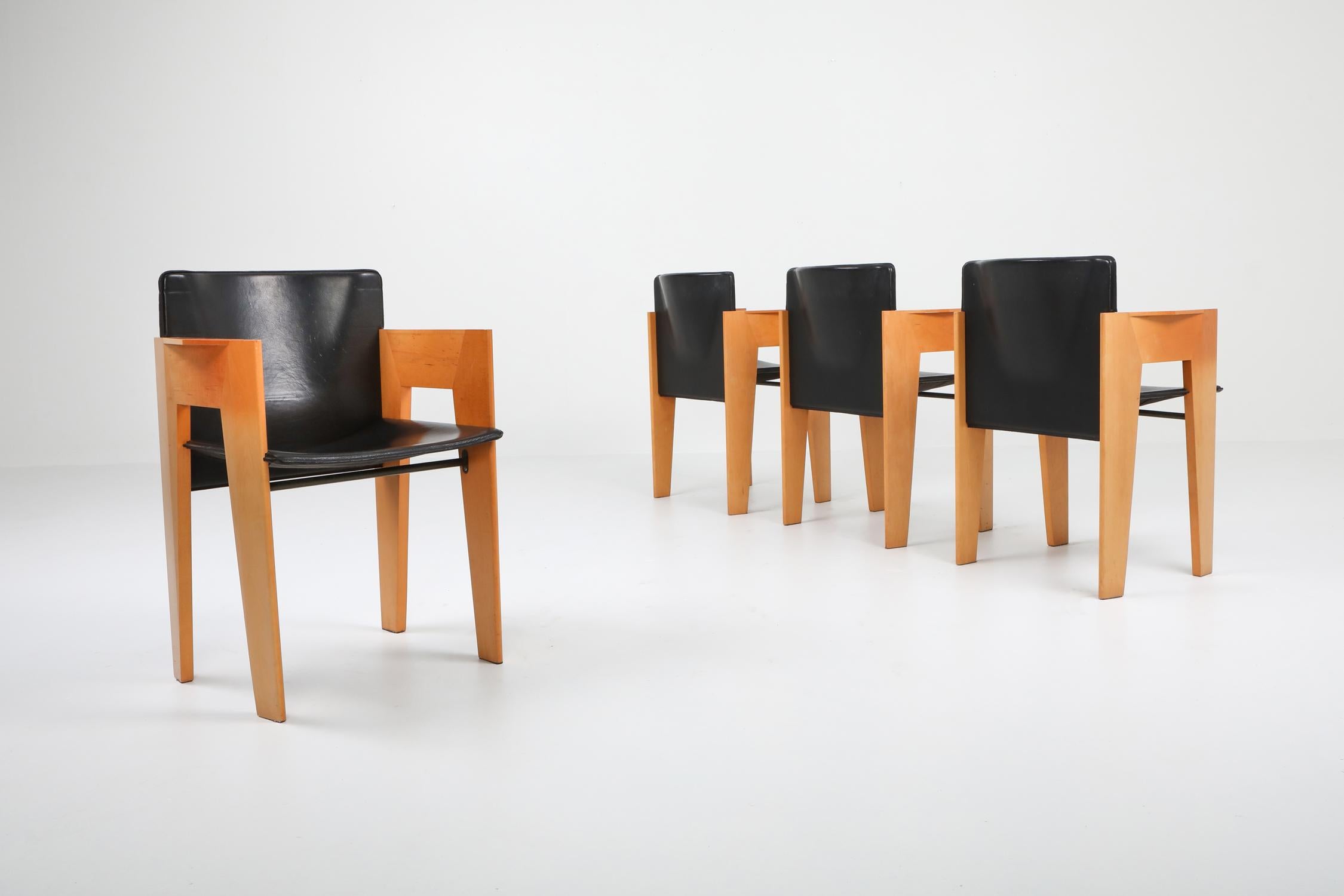 Post-Modern Arco Sculptural Leather and Wood Chairs