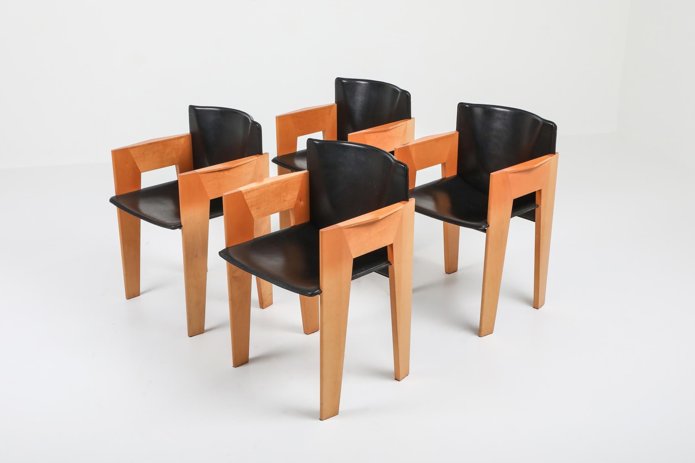 Dutch Arco Sculptural Leather and Wood Chairs