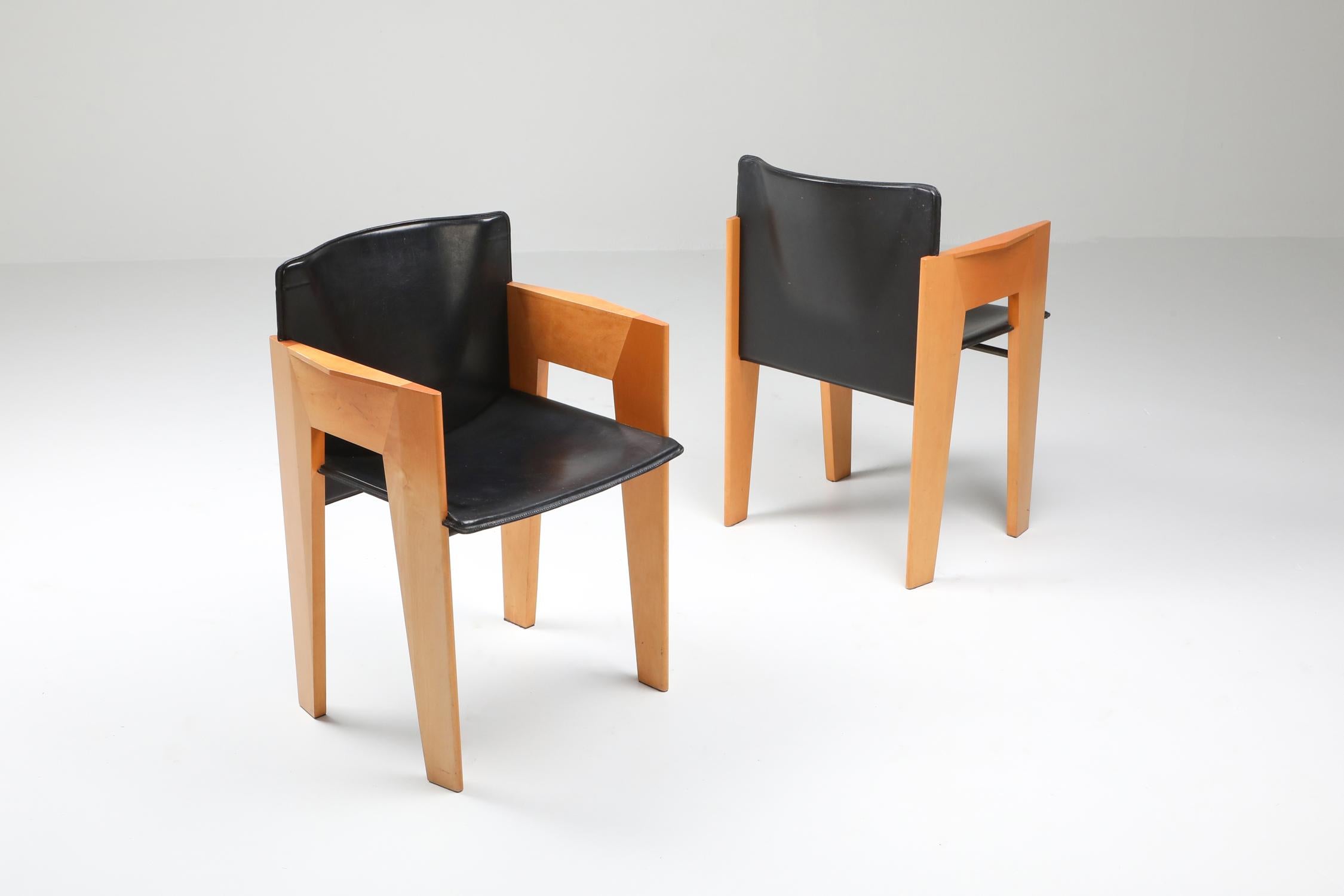 Late 20th Century Arco Sculptural Leather and Wood Chairs