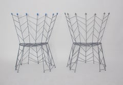 Post-Modern Sculptural Pair Chairs Silver Metal Blue Glass Bohuslav Horak 1988