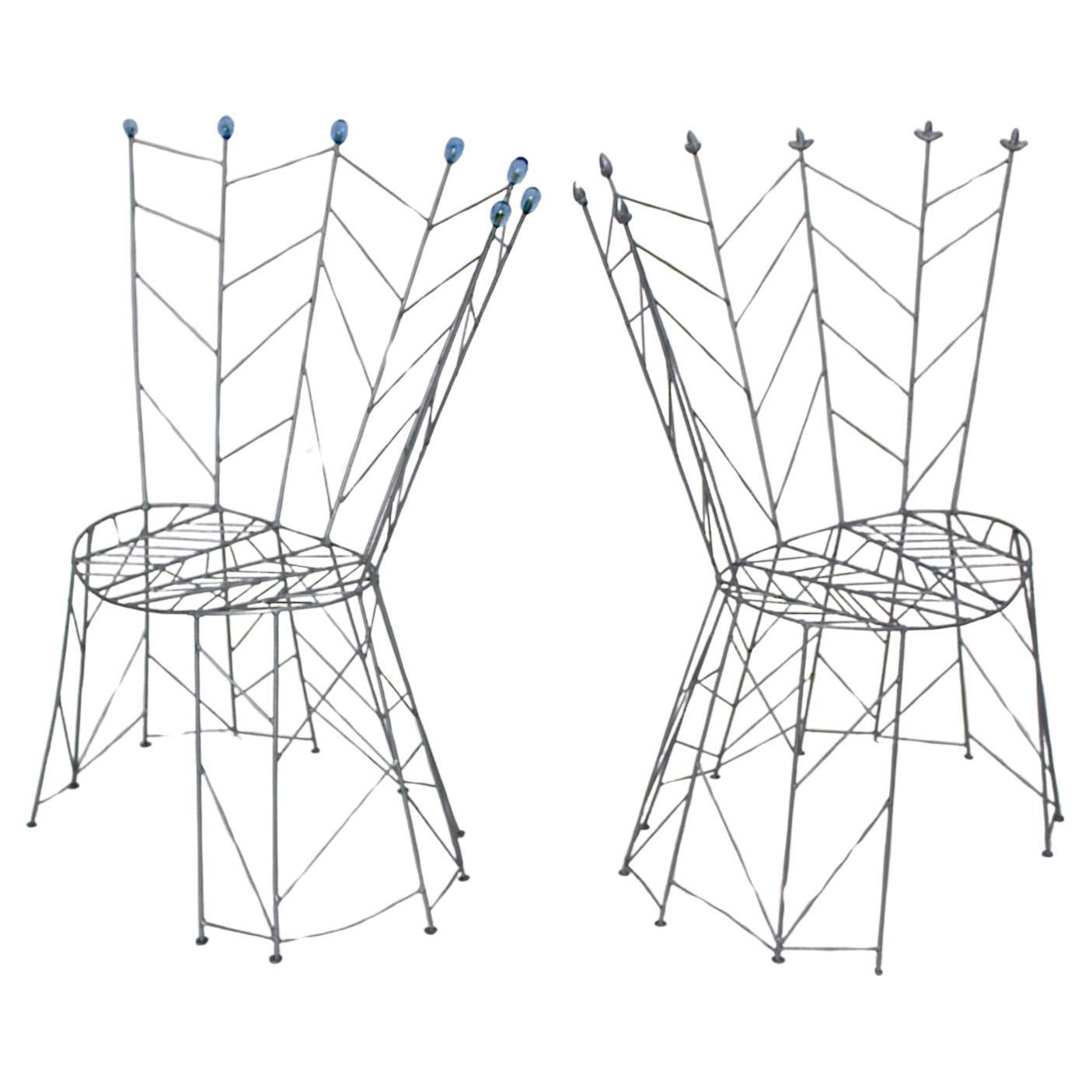 Post-Modern Sculptural Pair Chairs Silver Metal Blue Glass Bohuslav Horak 1988 For Sale