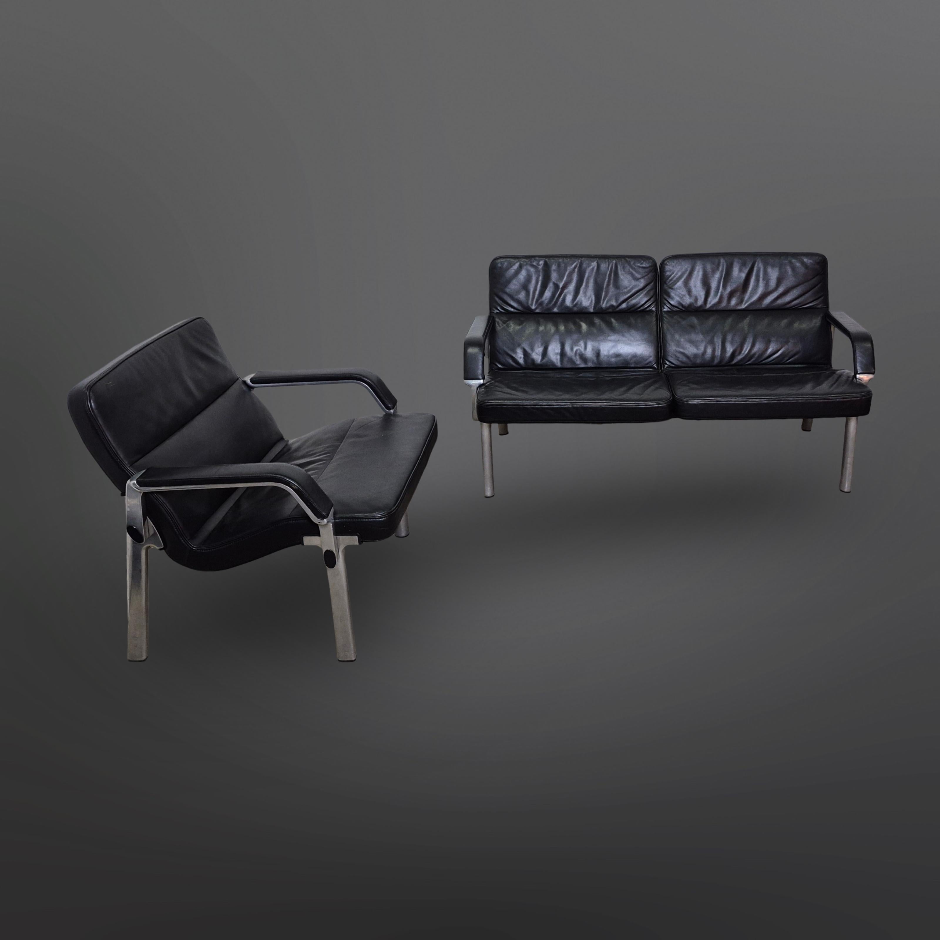 Métal Groupe de sièges post-moderne en métal et cuir, Allemagne 1980 en vente