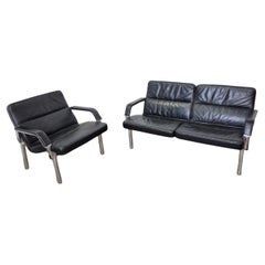 Gruppo di sedute postmoderno in metallo e pelle, Germania anni 
80