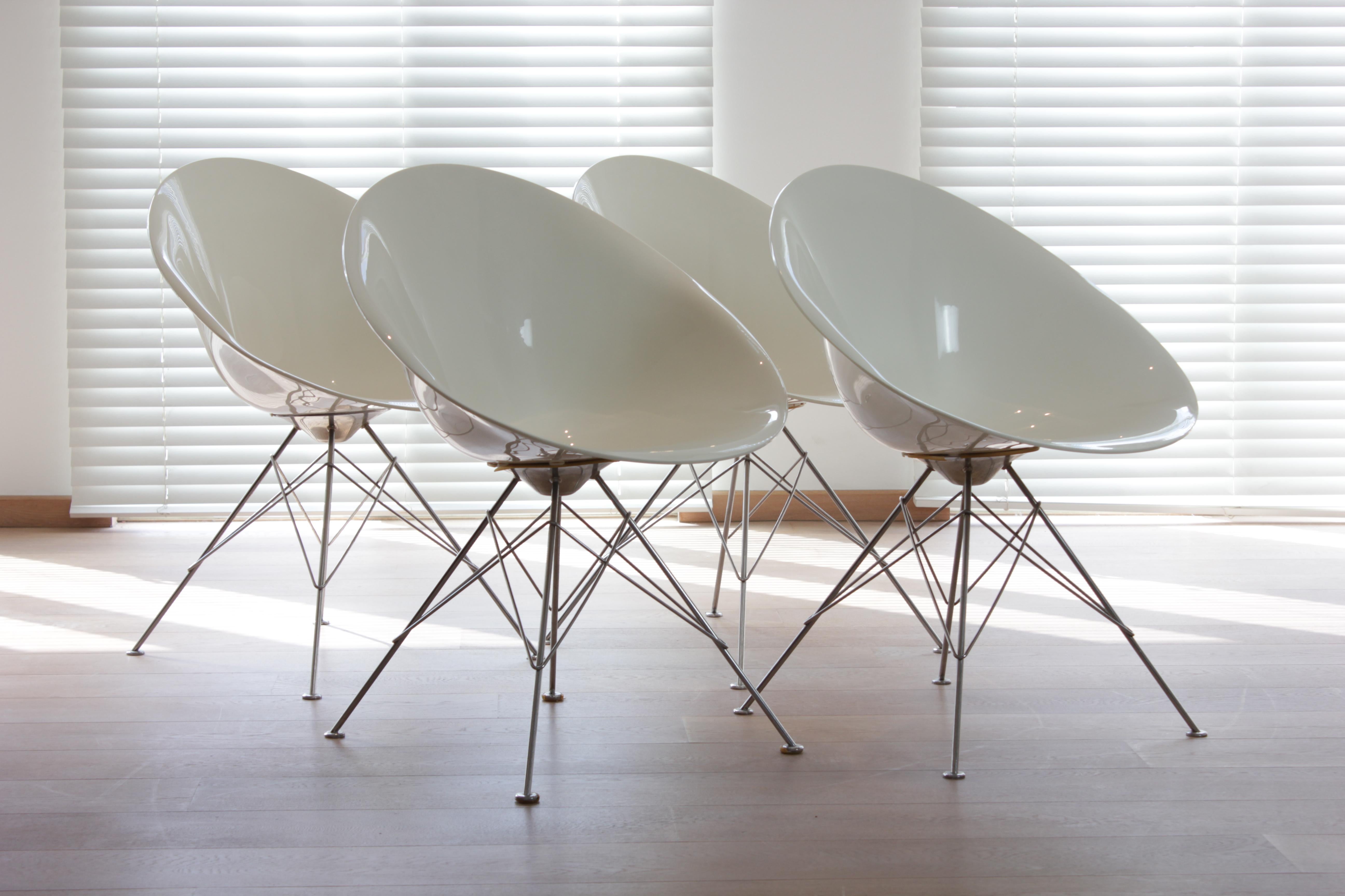 Set of four dining chairs by Philippe Starck for Kartell

1990s

Italy

Moulded plastic and metal

82cm high, 60cm deep, 62cm wide

Philippe Starck, born January 18, 1949, in Paris, is a renowned French designer known for his innovative work across