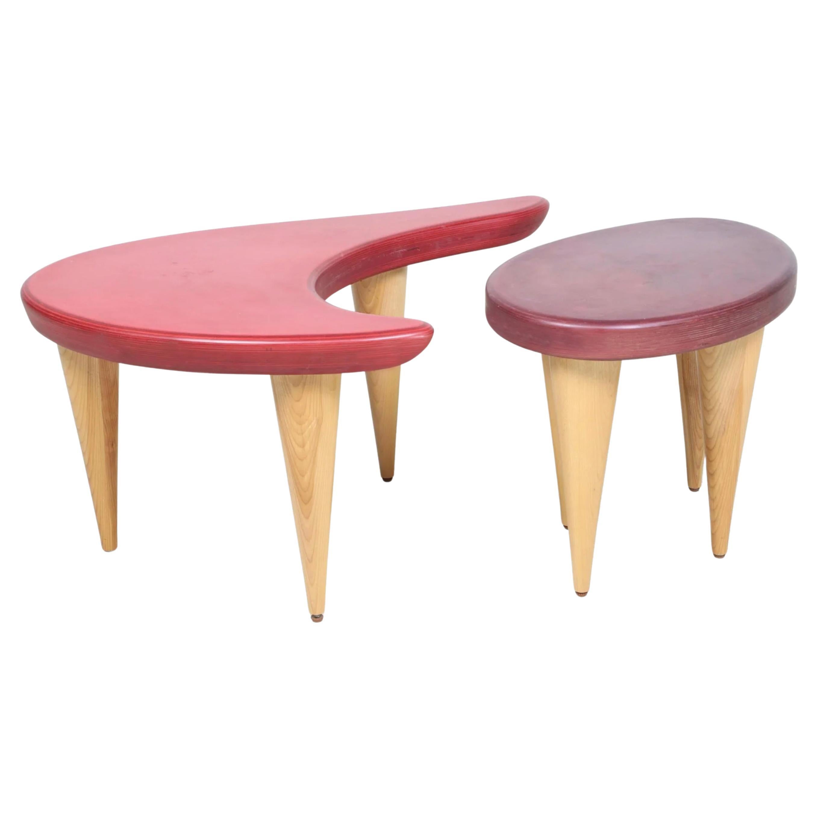 Post Modern Set of Organic Biomorphic Studio Craft Coffee table or end tables. Tables nest into each other you are buying the set of (2) Tables. All solid wood - Stained color tops with Blonde maple tapered legs. Very Cool se of tables. 

Both