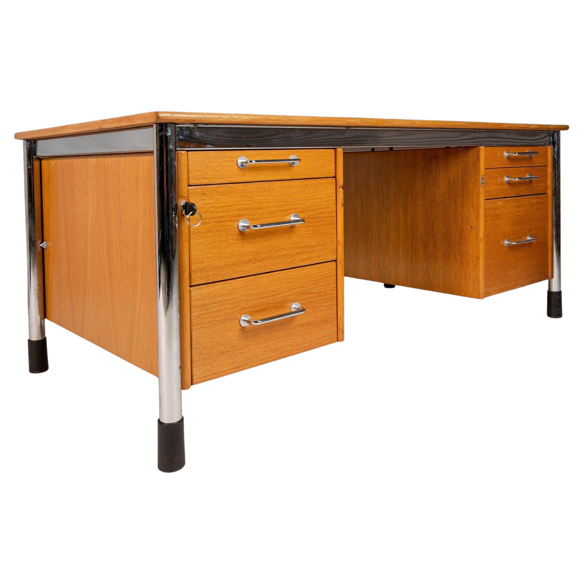 Signatur Executive Desk by Tord Bjorklund in Oak and Chrome, Sweden, c. 1980 For Sale