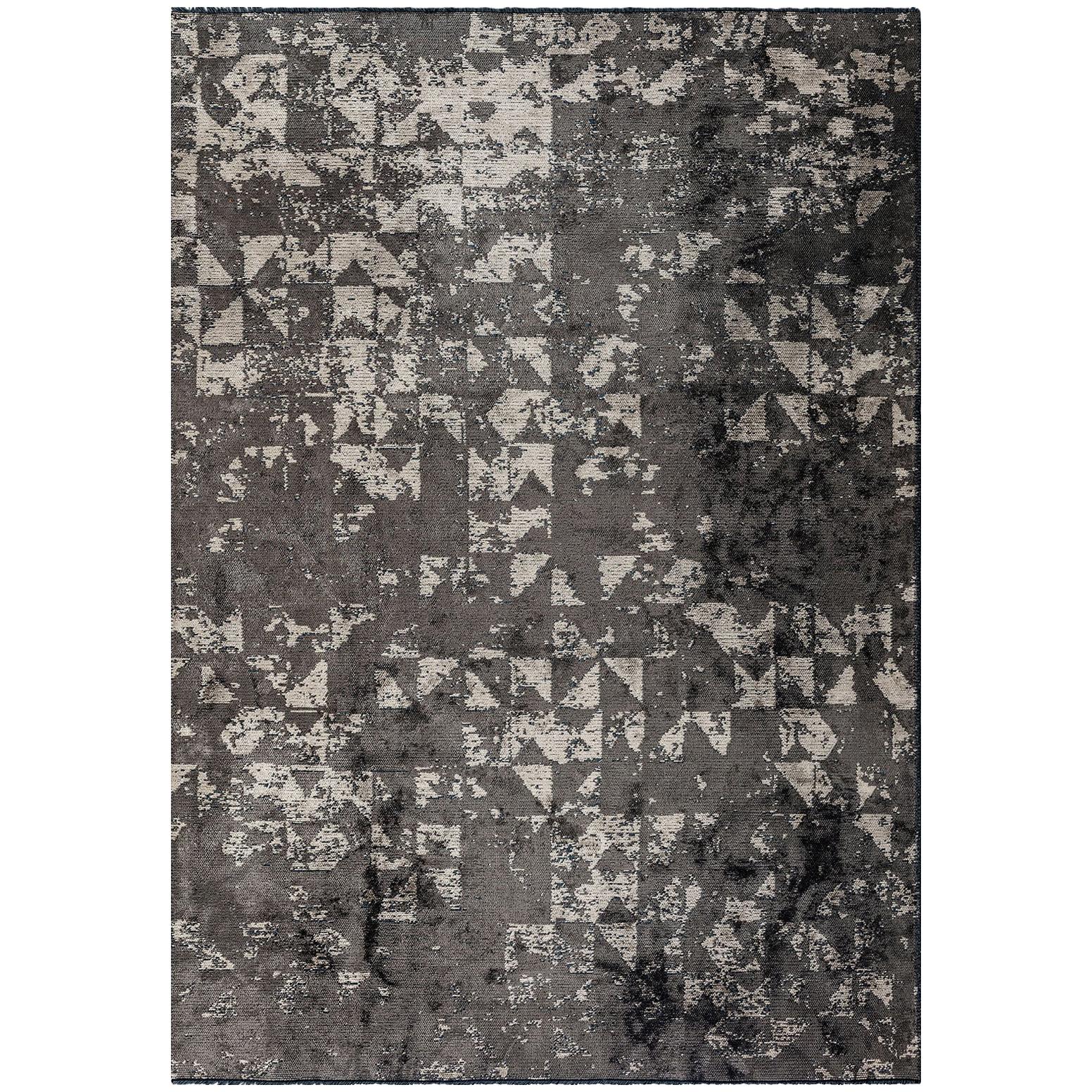Tapis postmoderne gris argent et beige abstrait avec ou sans frange