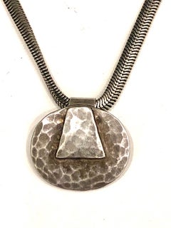 Postmodern Silver Hammered Pendant, Necklace by Marjorie Baer California Design