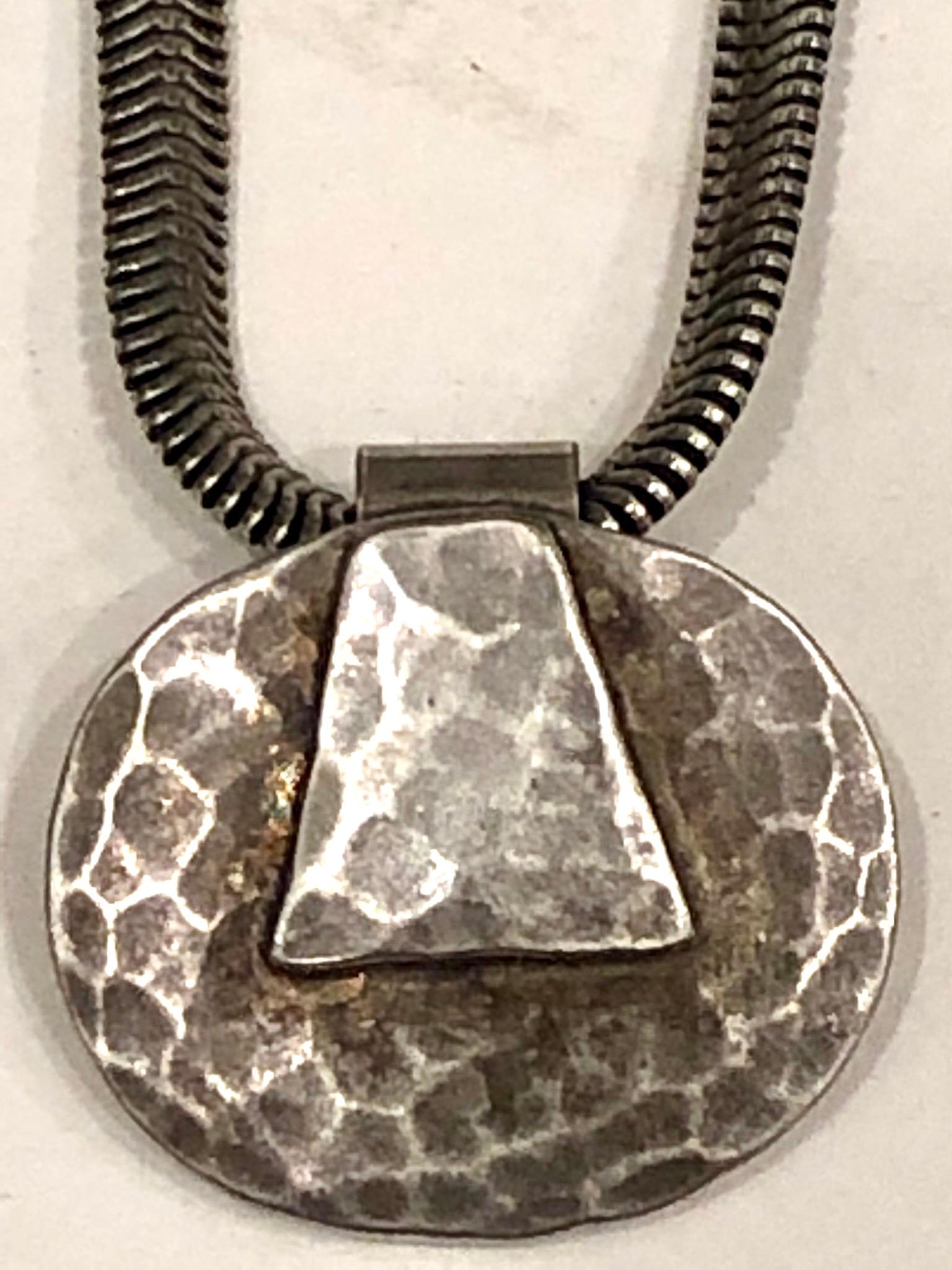 Post-Modern Postmodern Silver Hammered Pendant, Necklace by Marjorie Baer California Design For Sale