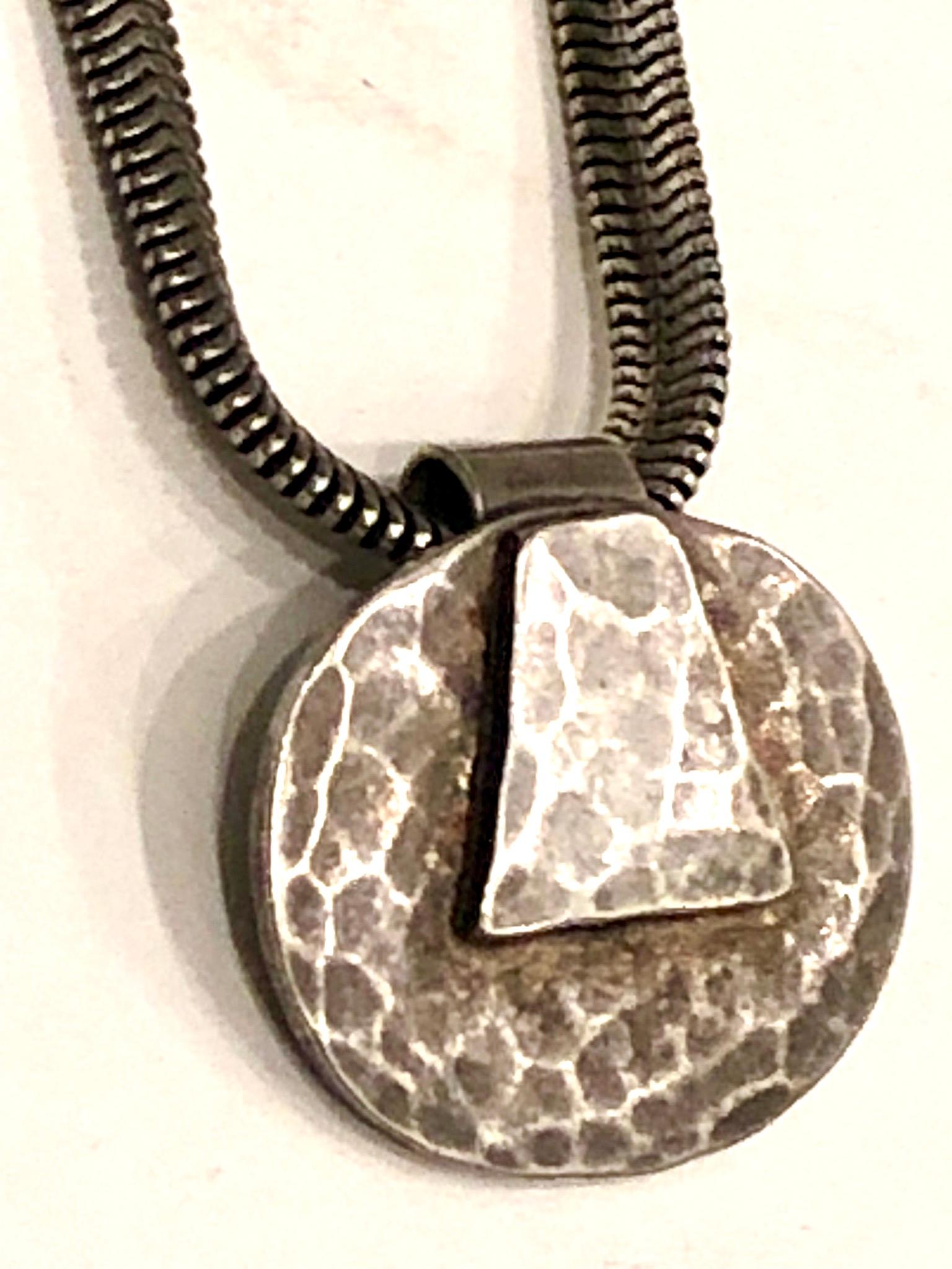 American Postmodern Silver Hammered Pendant, Necklace by Marjorie Baer California Design For Sale