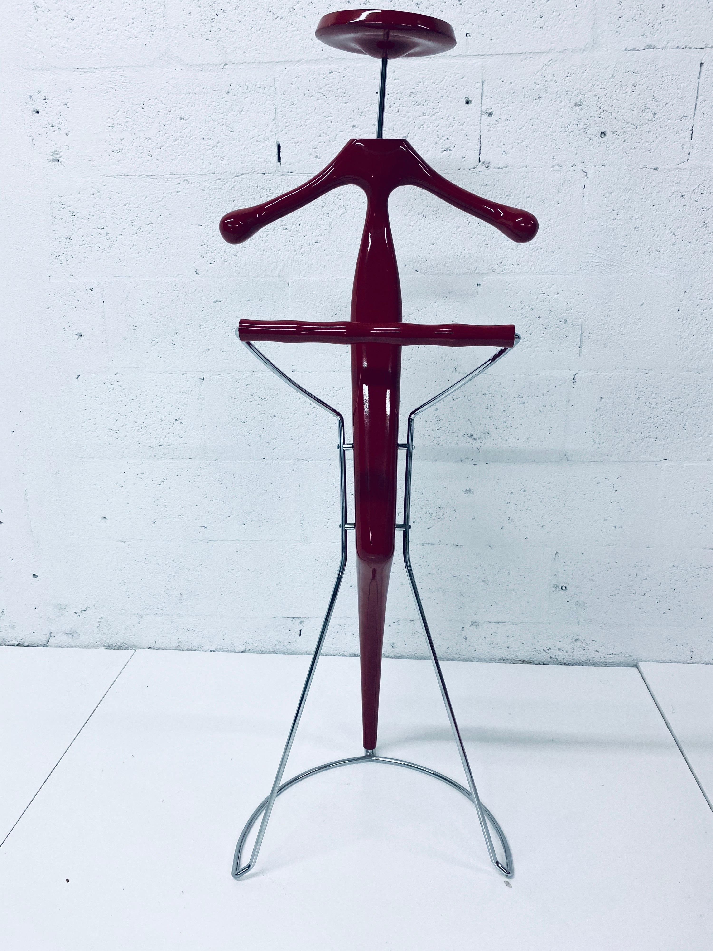 Postmodern, organic red lacquer and chrome accent coat rack or butler valet designed by Italian architectural team Maurizio Marconato and Terry Zappa for Porada. Keeps clothes shapely, offers aeration for leather jacket, suit jacket, blazer, blouse,
