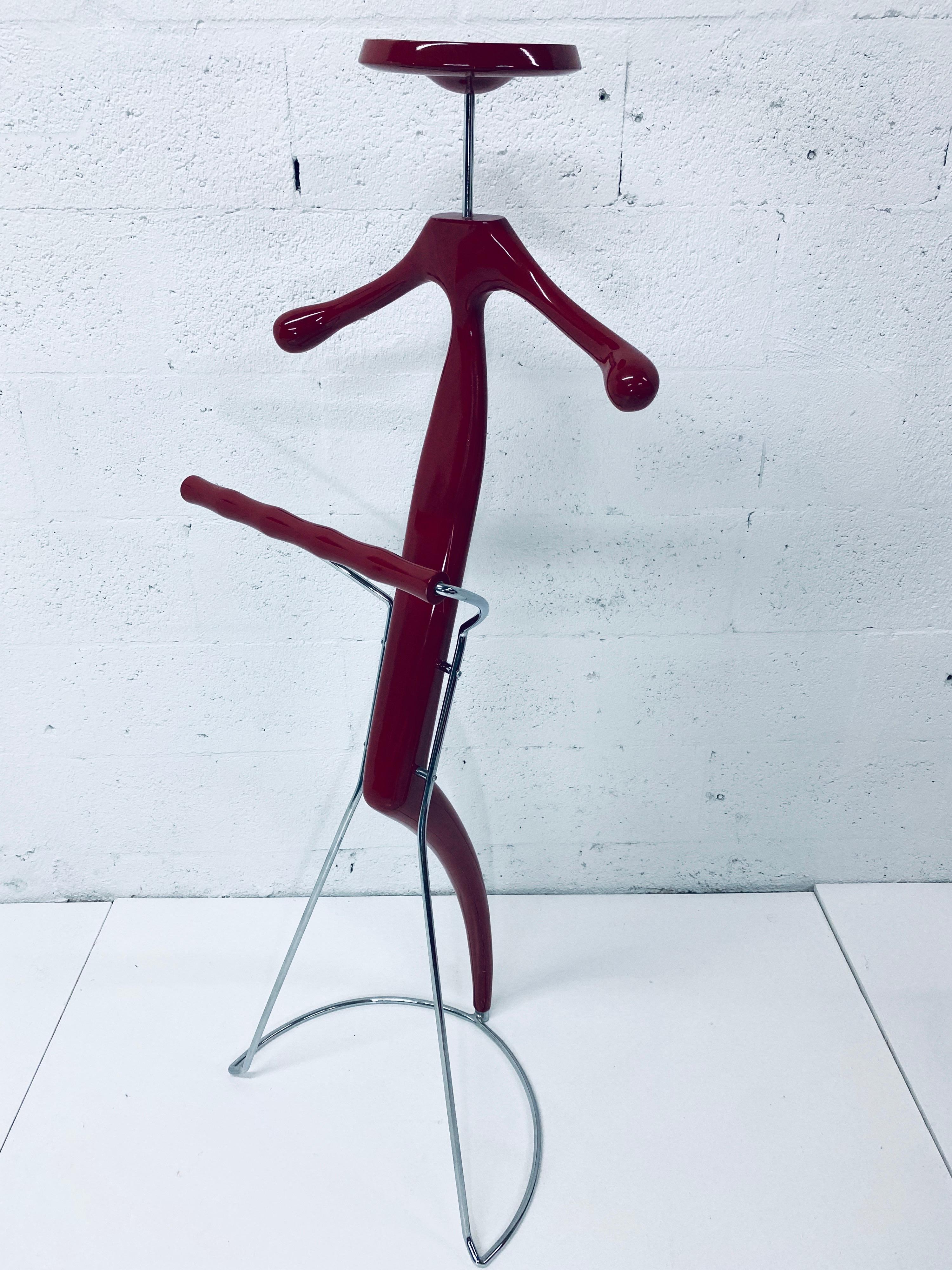 Late 20th Century Postmodern Sir Bis Porada Red Lacquered and Chrome Unisex Valet Stand For Sale