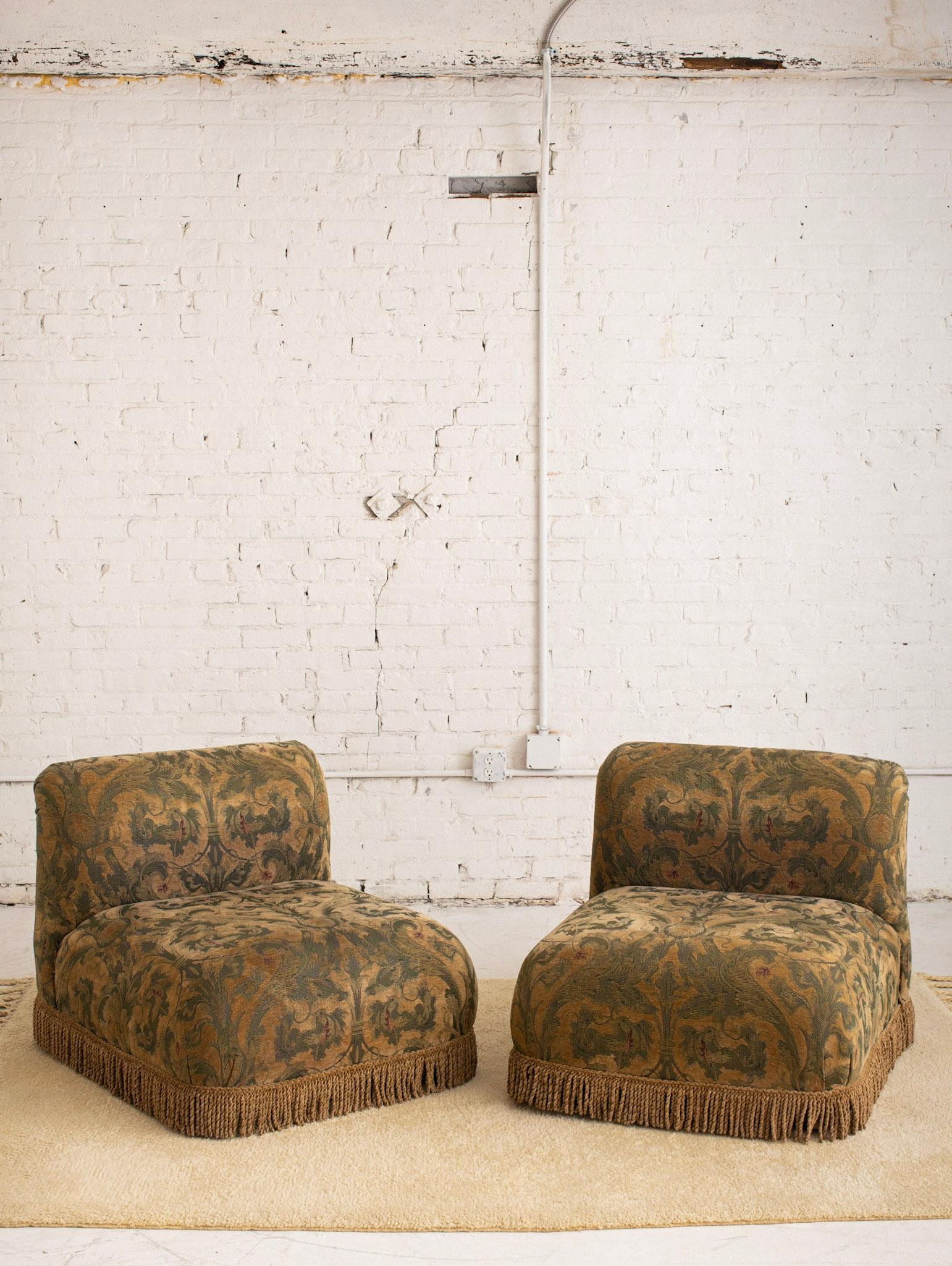 Post Modern Slipper Chair in Tapestry Print and Fringe Detail 4