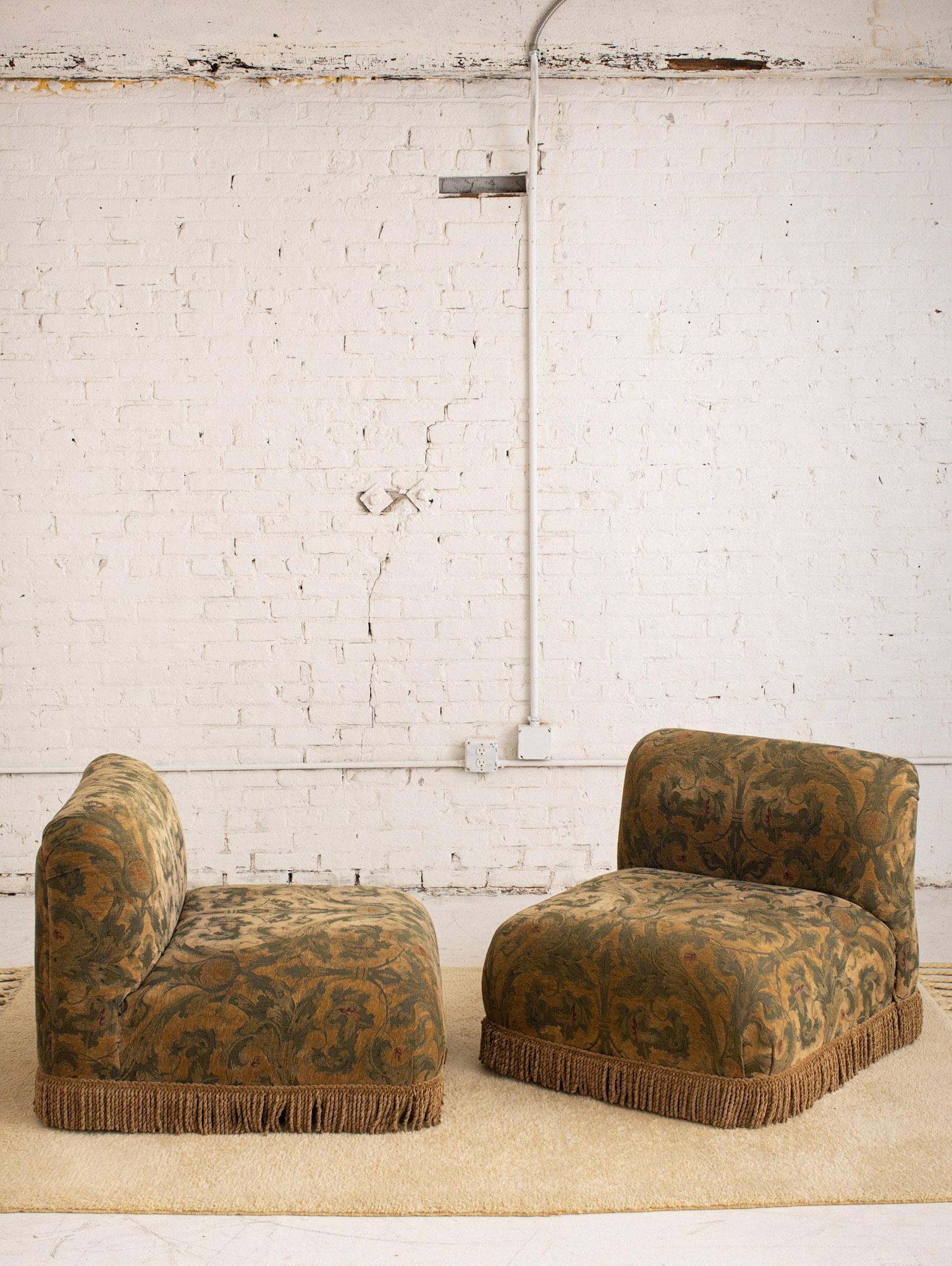 Post Modern Slipper Chair in Tapestry Print and Fringe Detail 5