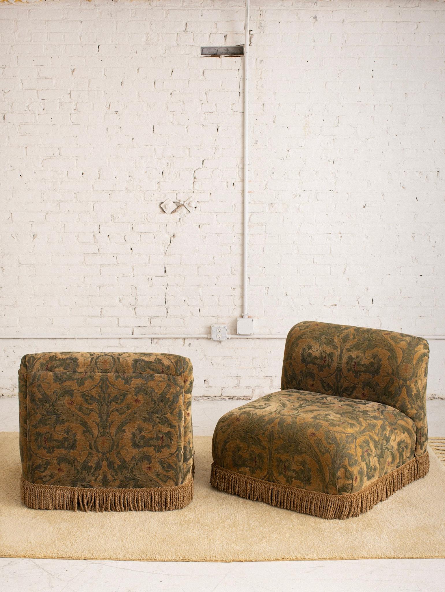 Post Modern Slipper Chair in Tapestry Print and Fringe Detail 6