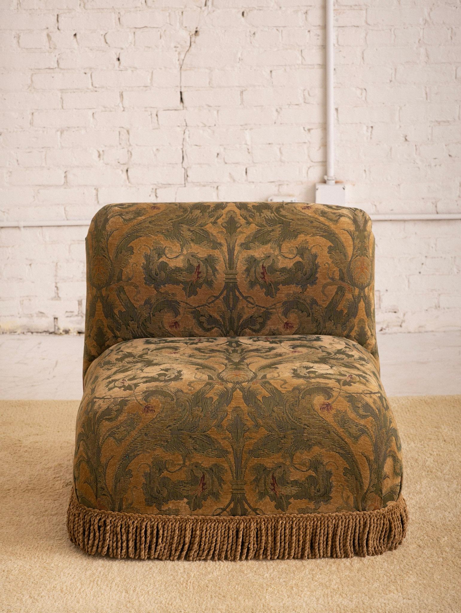Post-Modern Post Modern Slipper Chair in Tapestry Print and Fringe Detail